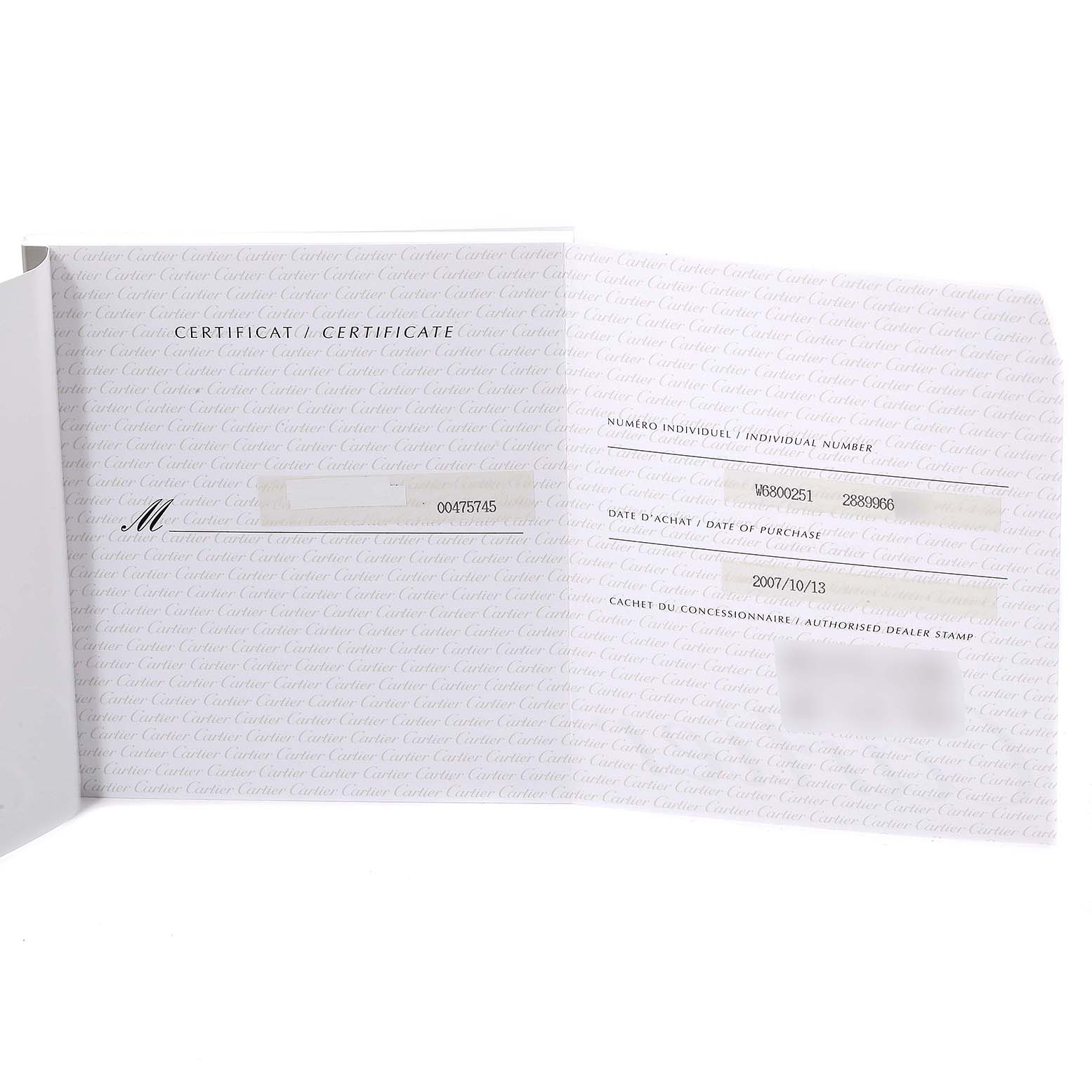The image shows an open certificate booklet for a Cartier Ronde W6800251 Men's Rose Gold Silver Dial W6800251 Men's Rose Gold Silver Dial model watch, displaying serial and purchase information.
