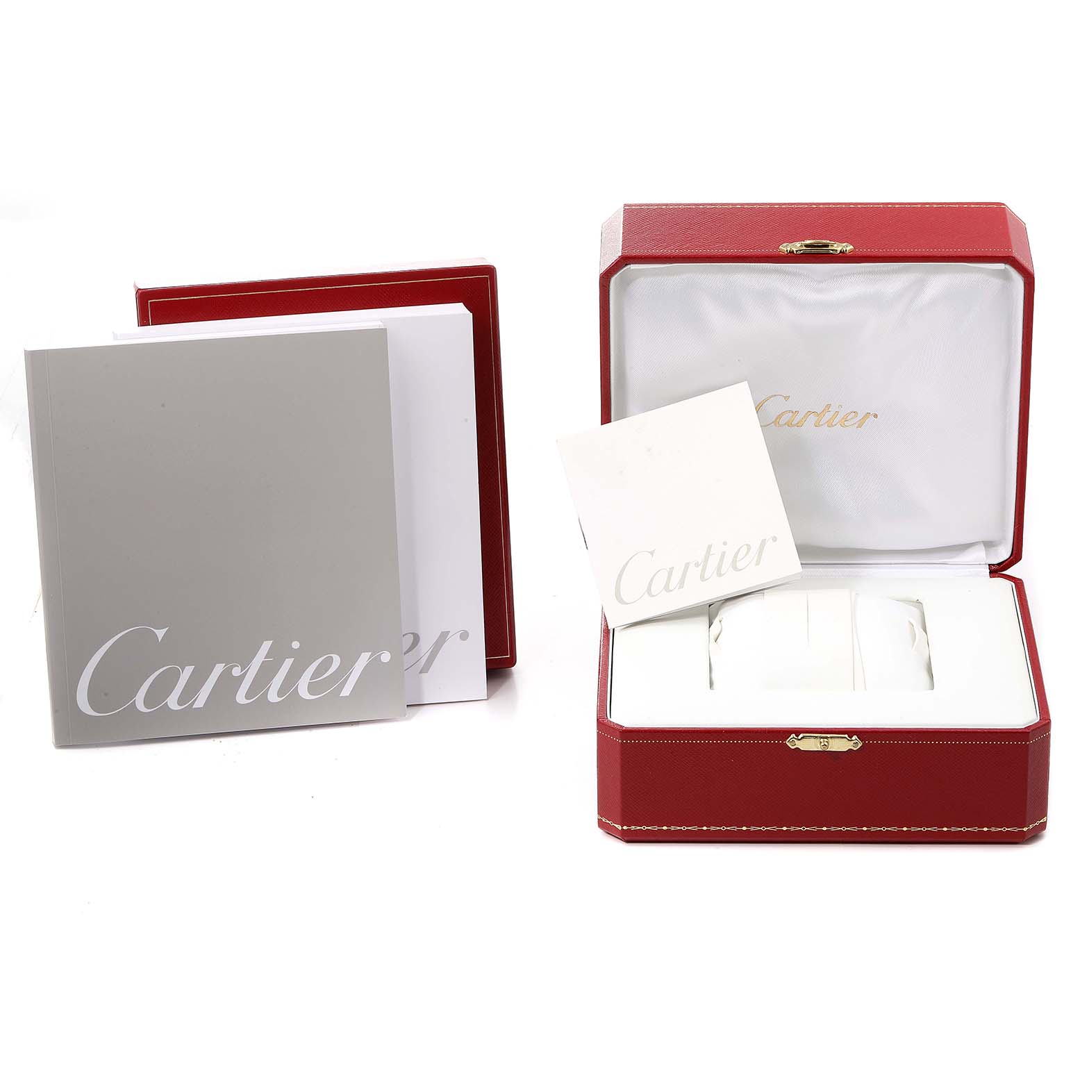 The image shows the open box and documents for a Ronde model watch by Cartier.