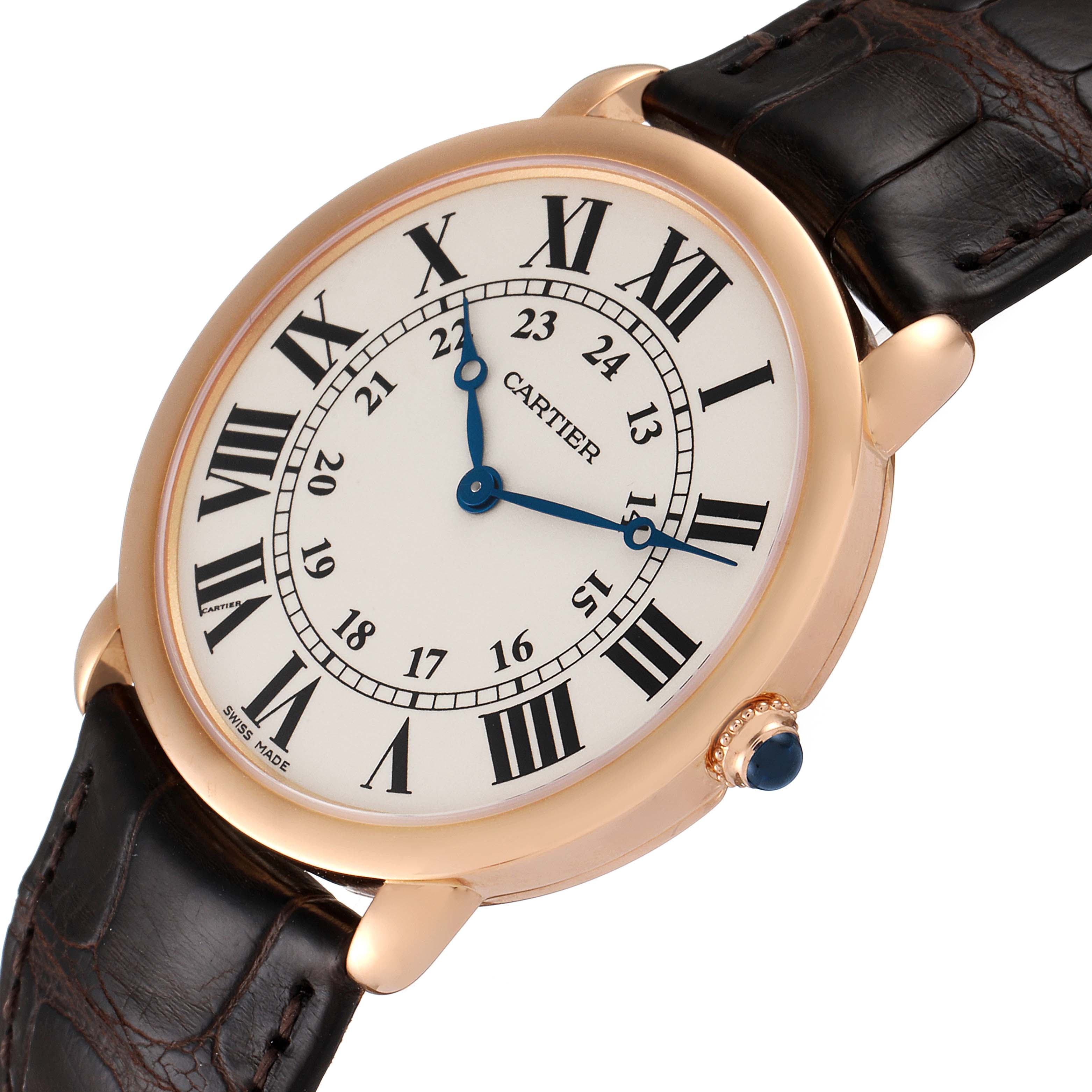 The Cartier Ronde W6800251 Men's Rose Gold Silver Dial W6800251 Men's Rose Gold Silver Dial watch is shown from an angle displaying the face, bezel, crown, and part of the leather strap.