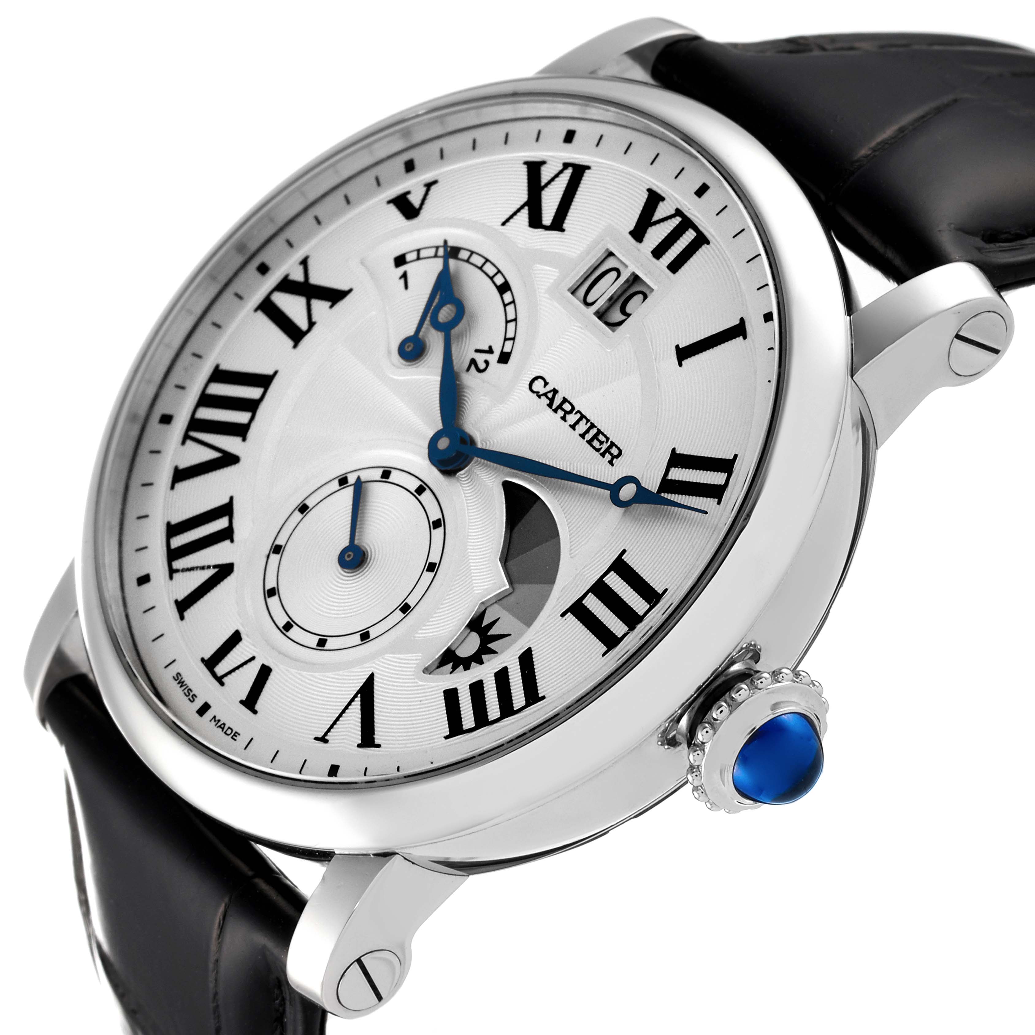 The Cartier Rotonde W1556368 Men
s Stainless Steel Silver Dial W1556368 Men
s Stainless Steel Silver Dial watch is shown at an angled view, highlighting its face, crown, and part of the black leather strap.