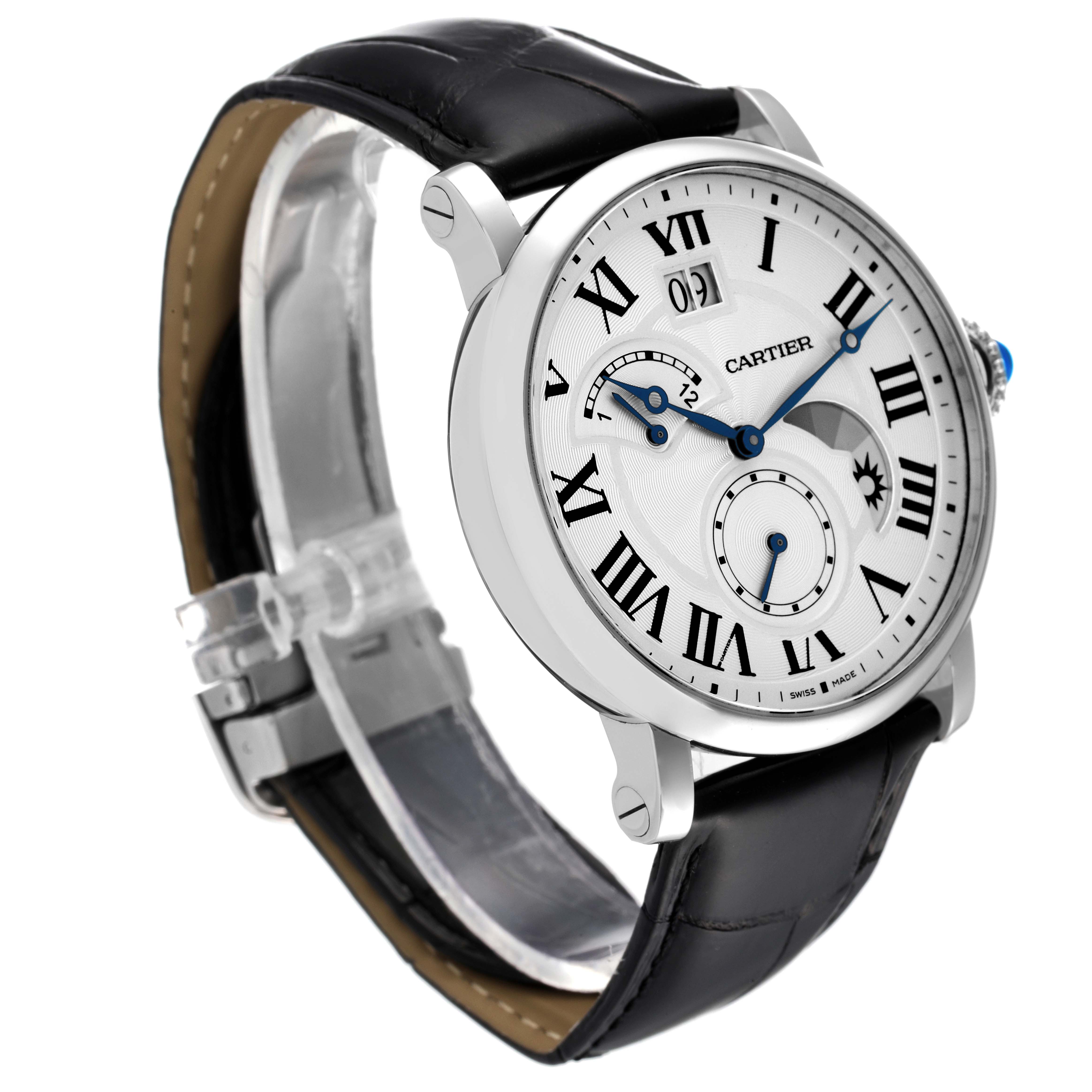 The image shows a Rotonde model by Cartier from a slightly angled side view, displaying the face, bezel, and leather strap.