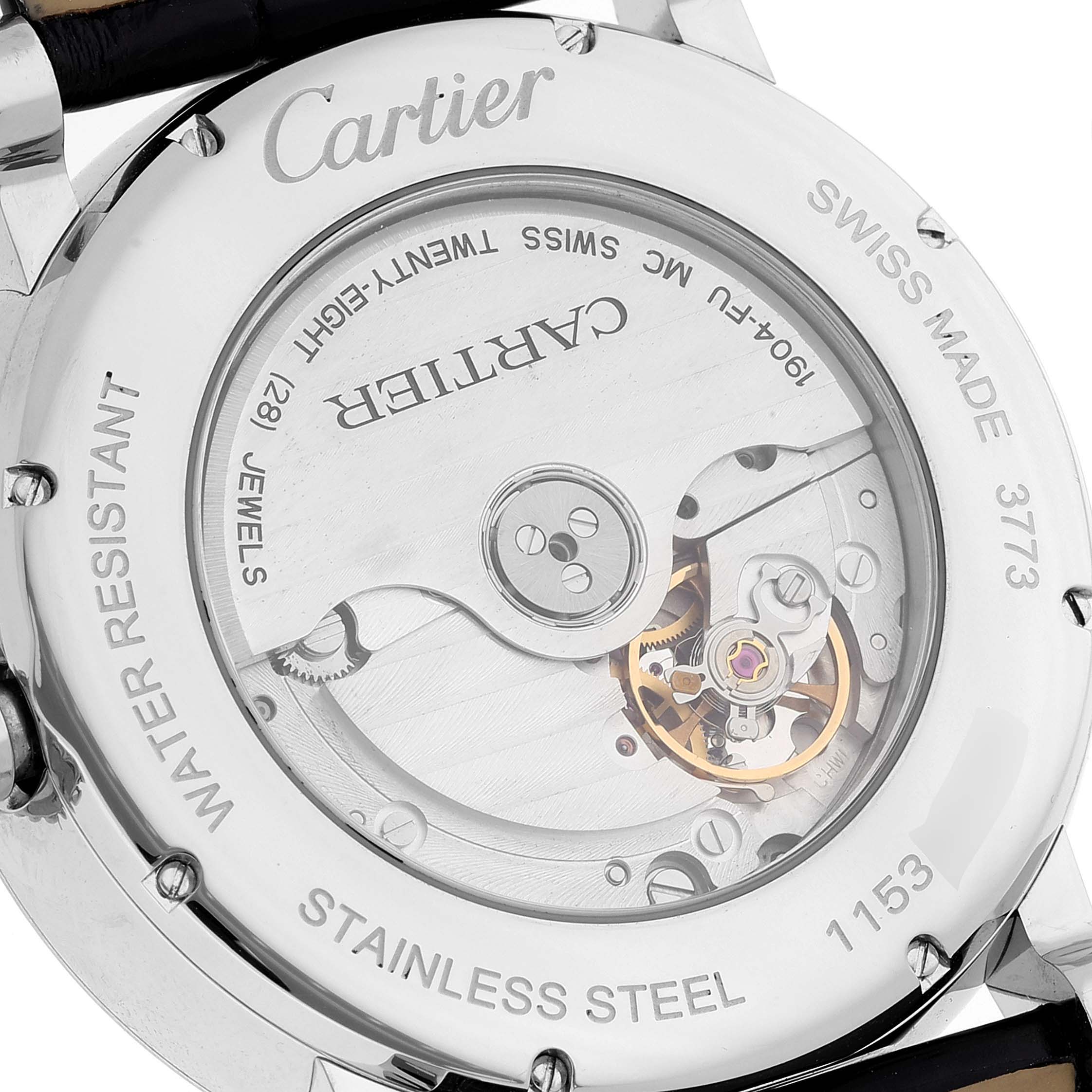 This Cartier Rotonde W1556368 Men
s Stainless Steel Silver Dial W1556368 Men
s Stainless Steel Silver Dial watch is shown from the back, highlighting its stainless steel case and visible movement components.