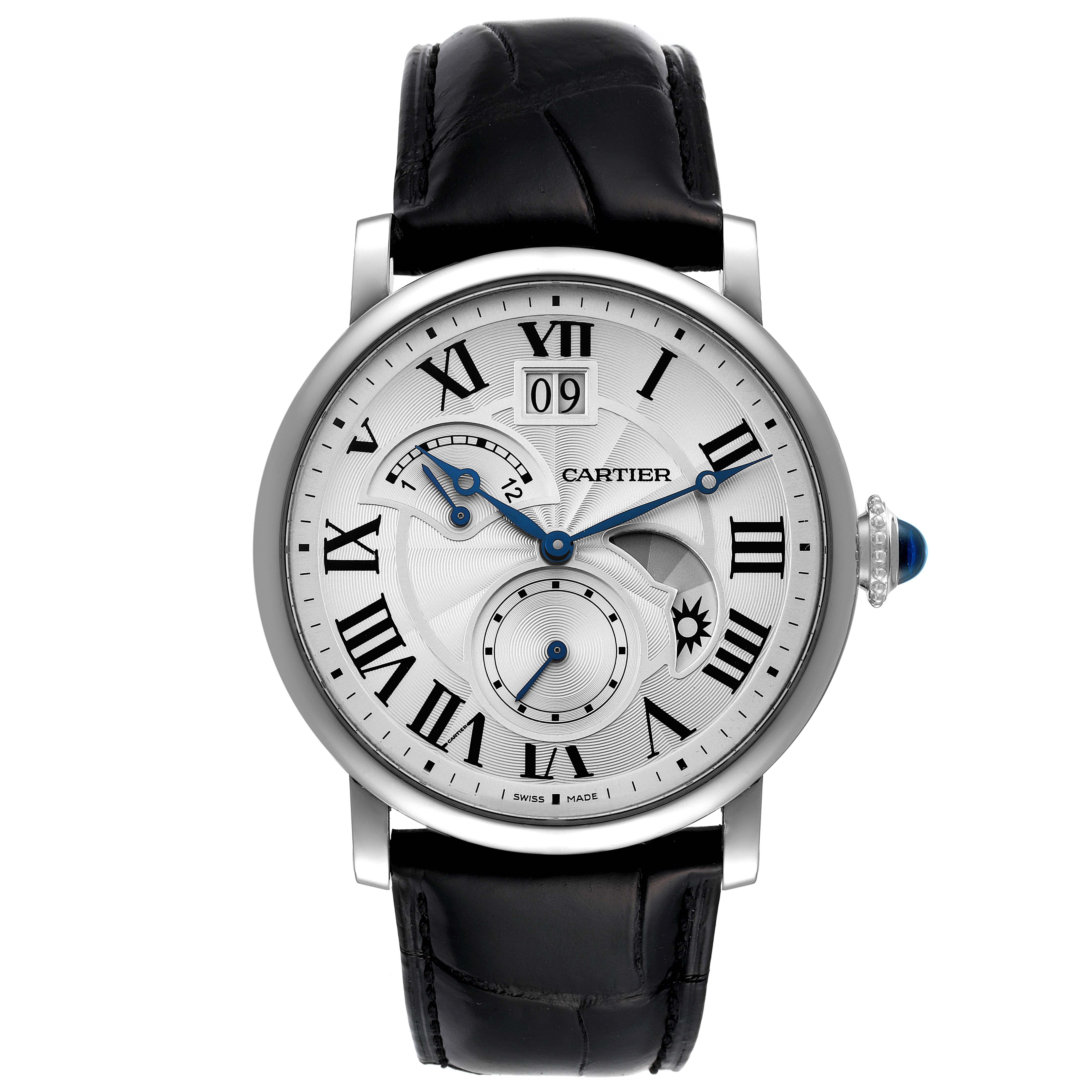 This image shows a front view of the Cartier Rotonde W1556368 Men
s Stainless Steel Silver Dial W1556368 Men
s Stainless Steel Silver Dial watch, highlighting its face, dial, and black leather strap.