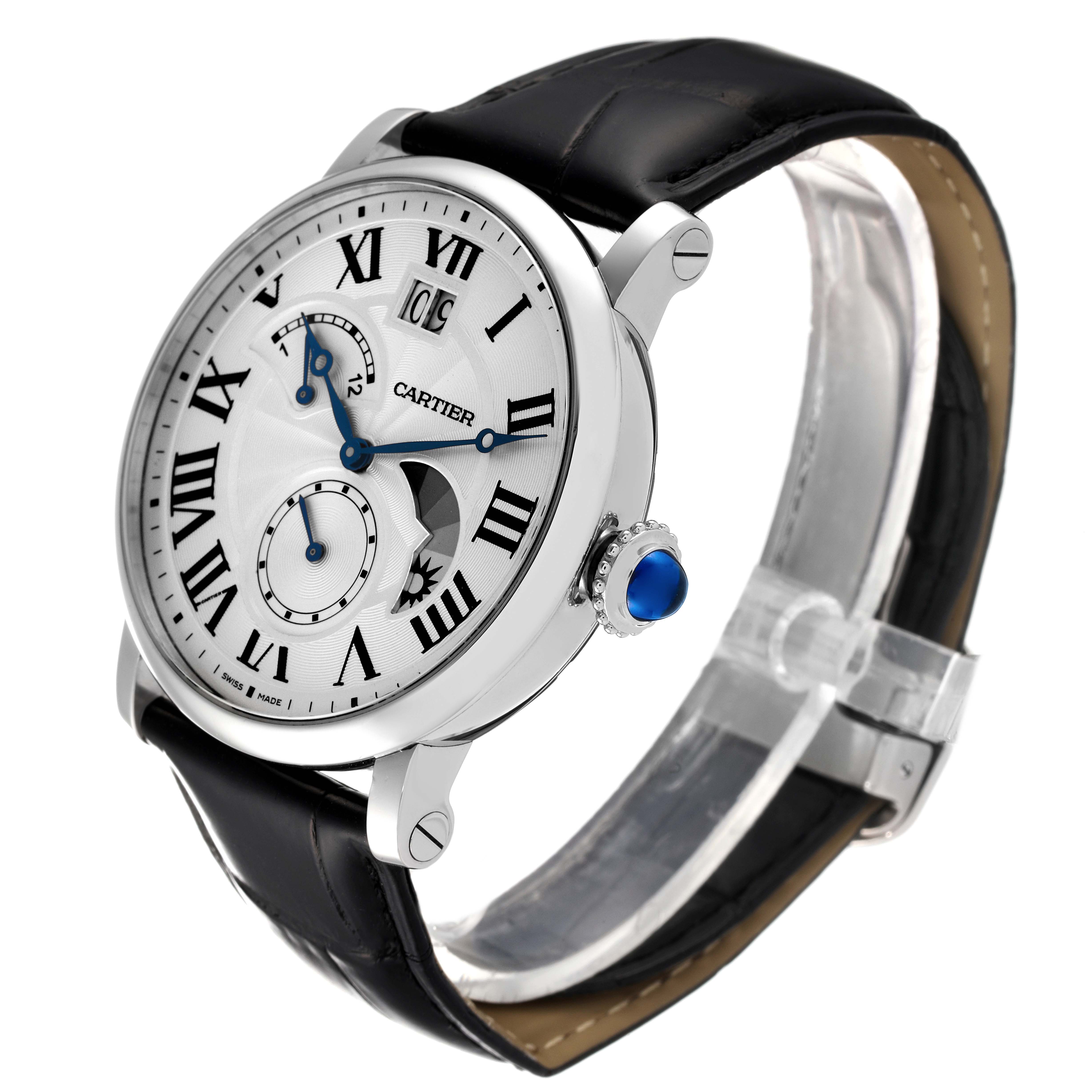 The image shows a side angle view of the Cartier Rotonde W1556368 Men
s Stainless Steel Silver Dial W1556368 Men
s Stainless Steel Silver Dial watch, highlighting its face, crown, and leather strap.