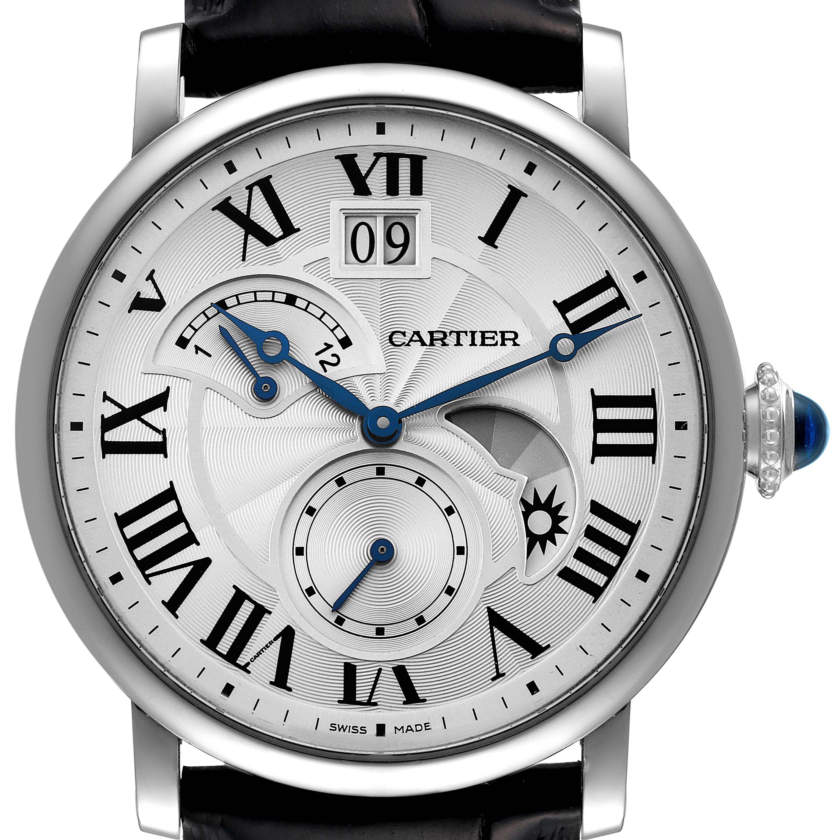 This image shows a close-up frontal view of the Rotonde model by Cartier, highlighting the dial, hands, and date window.
