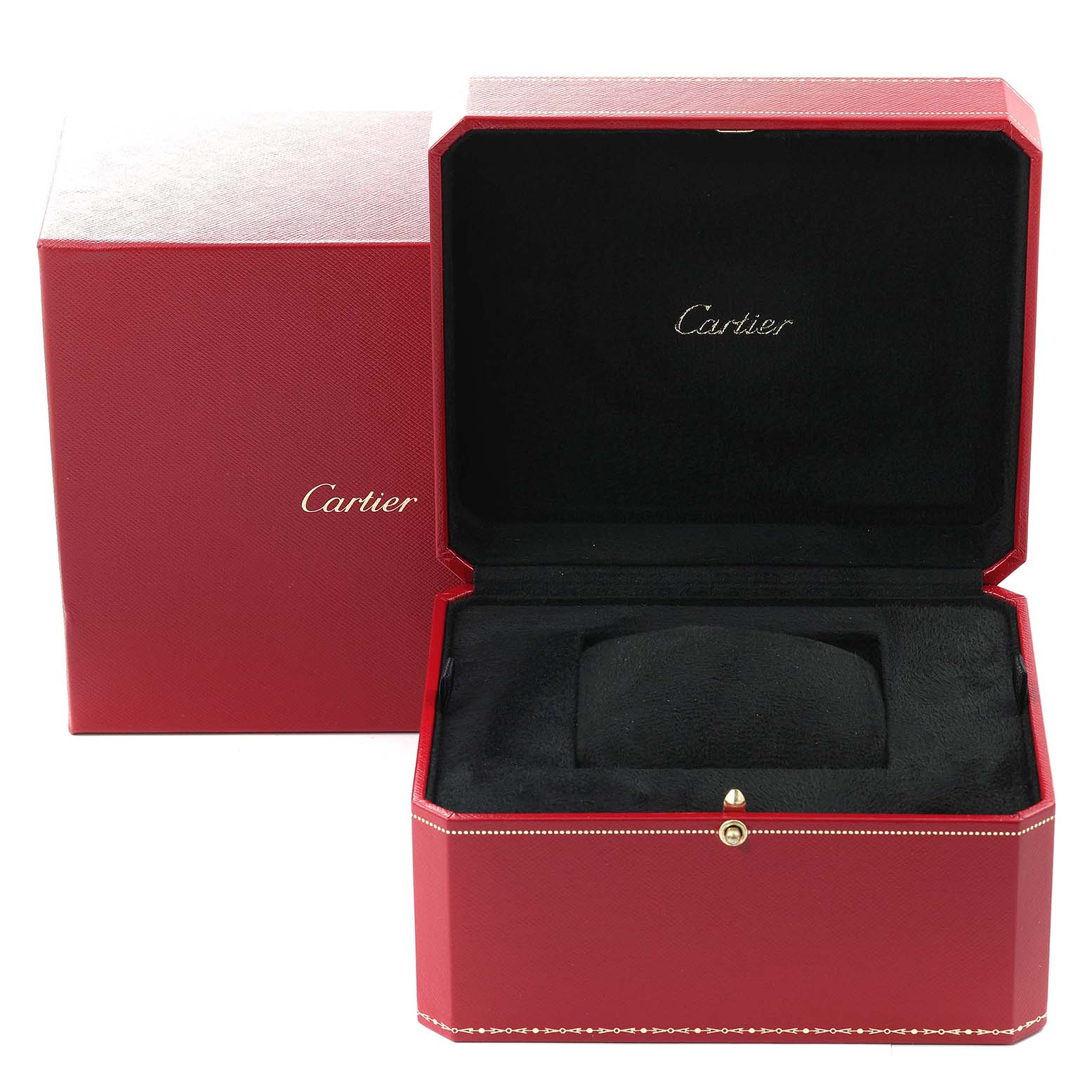 This image shows an open red Cartier watch box, likely for a Rotonde model, with the Cartier logo inside.