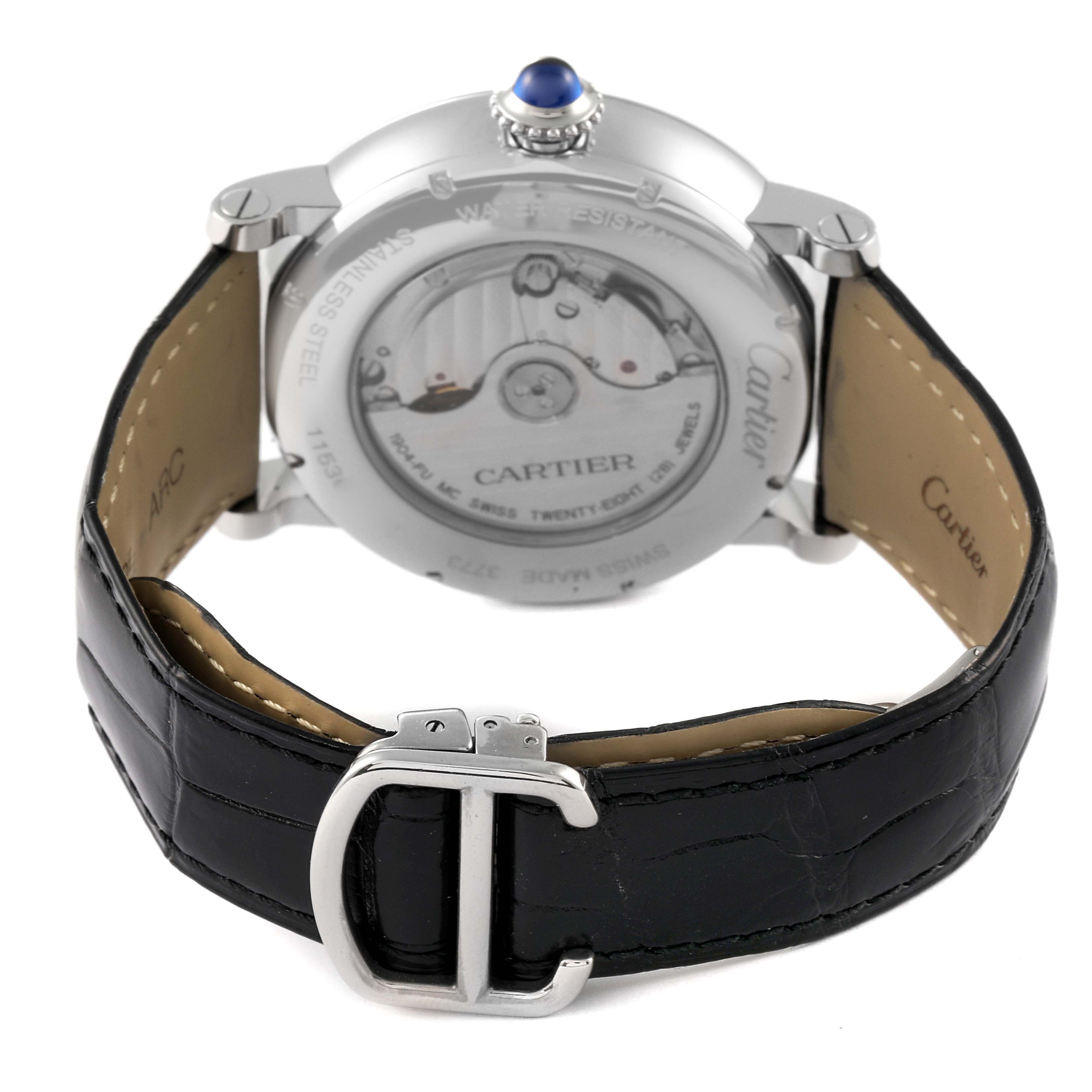 The image shows the back view of a Cartier Rotonde W1556368 Men
s Stainless Steel Silver Dial W1556368 Men
s Stainless Steel Silver Dial watch, highlighting the open case back and leather strap with buckle.