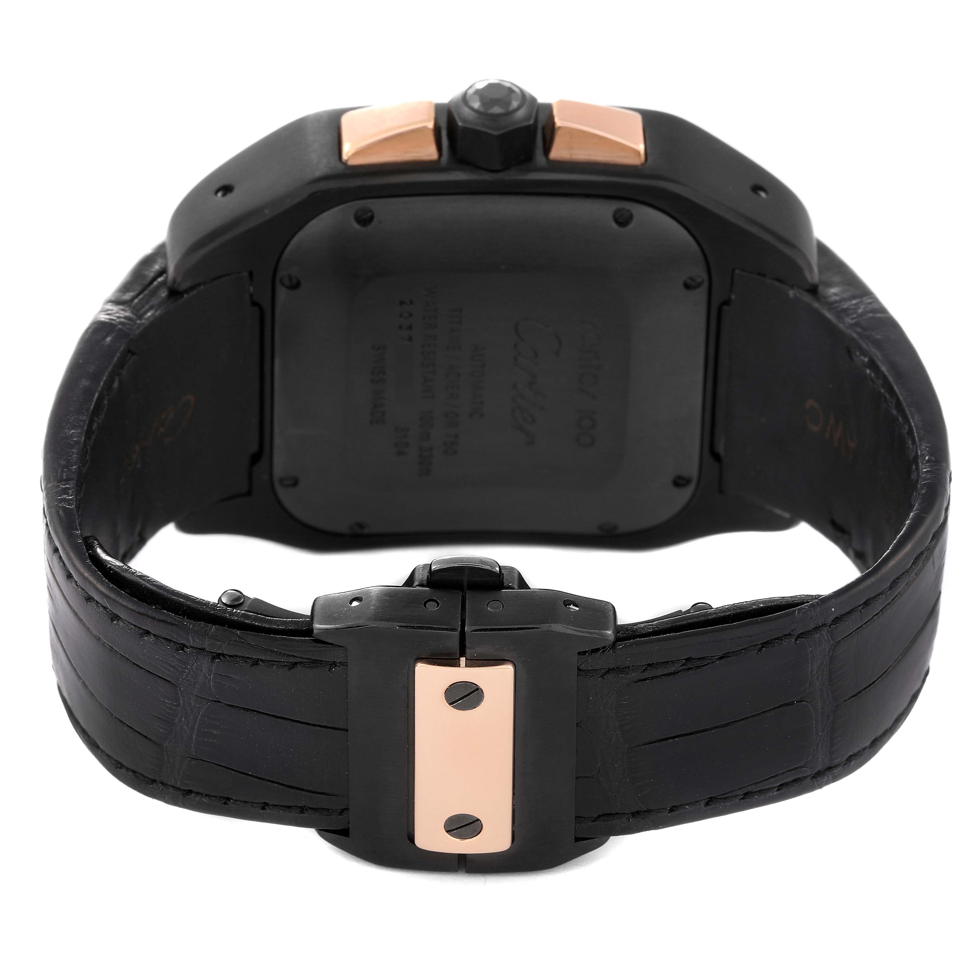 The image shows the back view of a Cartier Santos W2020004 Men's Titanium Black Dial W2020004 Men's Titanium Black Dial watch, highlighting the clasp and leather strap.