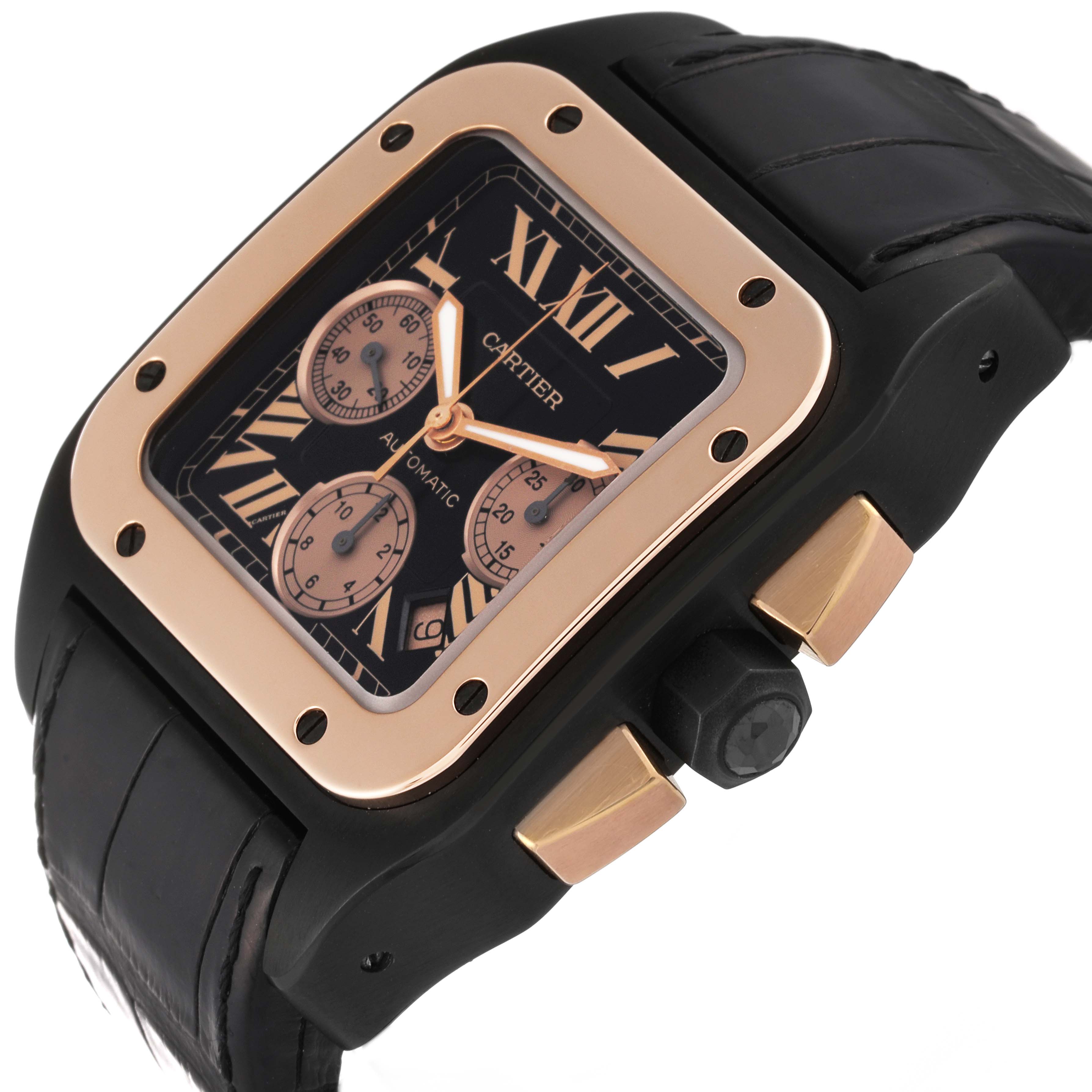 The image shows a Cartier Santos W2020004 Men's Titanium Black Dial W2020004 Men's Titanium Black Dial watch at a slight angle, highlighting its black strap, black dial, and rose gold bezel.