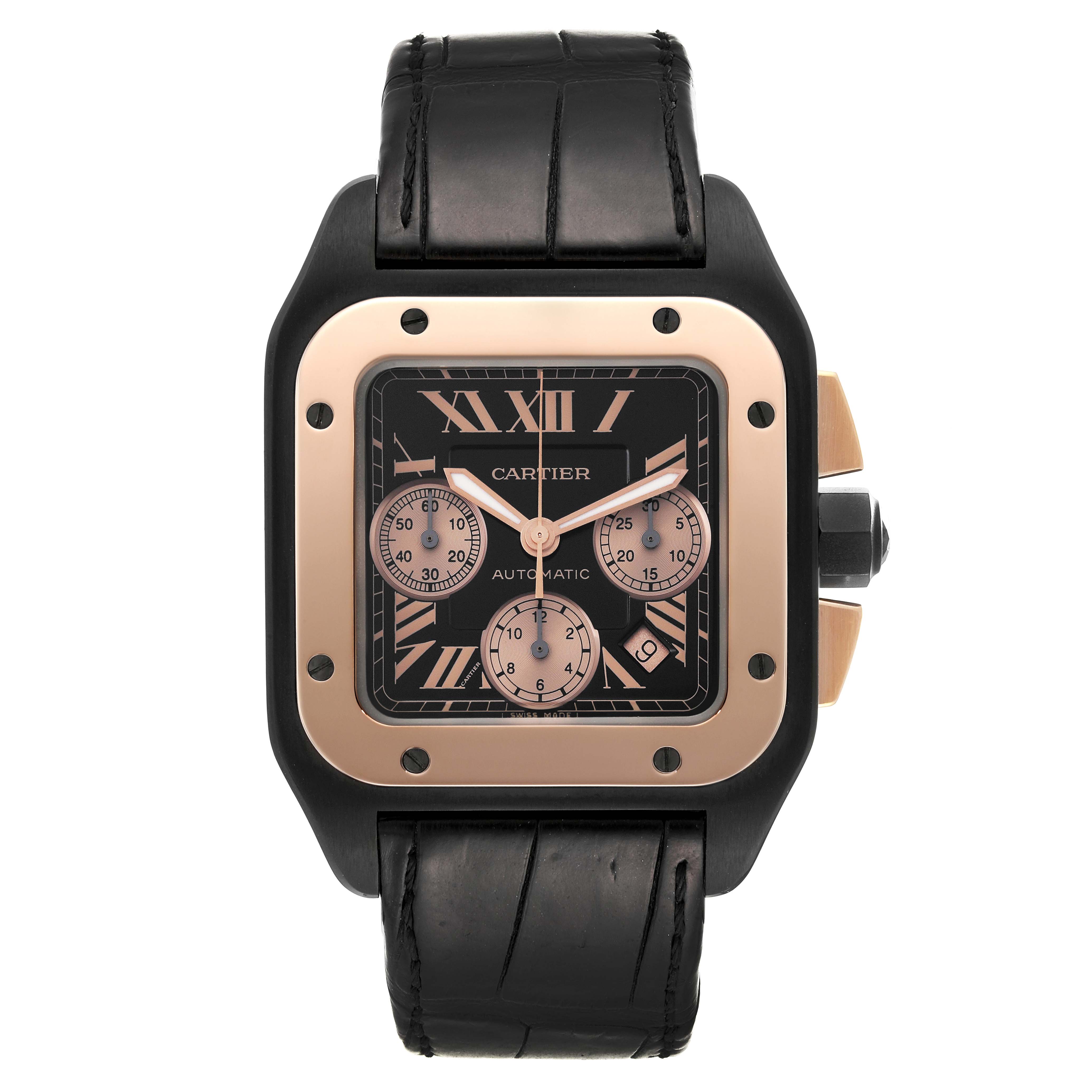 The Cartier Santos W2020004 Men's Titanium Black Dial W2020004 Men's Titanium Black Dial watch is shown from a frontal angle, highlighting its face, bezel, and band.