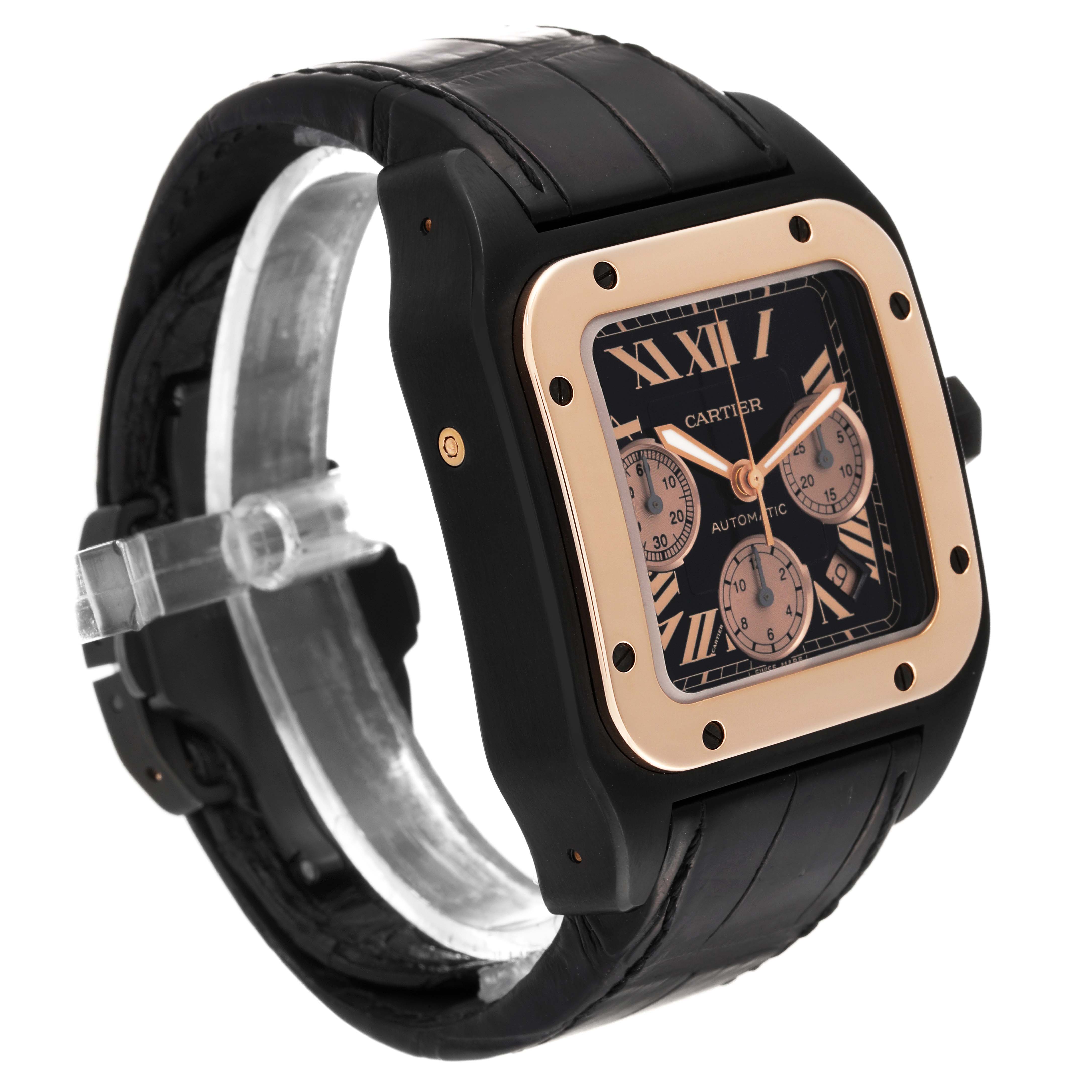 This image shows a side angle view of a Santos model by Cartier, highlighting the watch face, straps, and bezel.