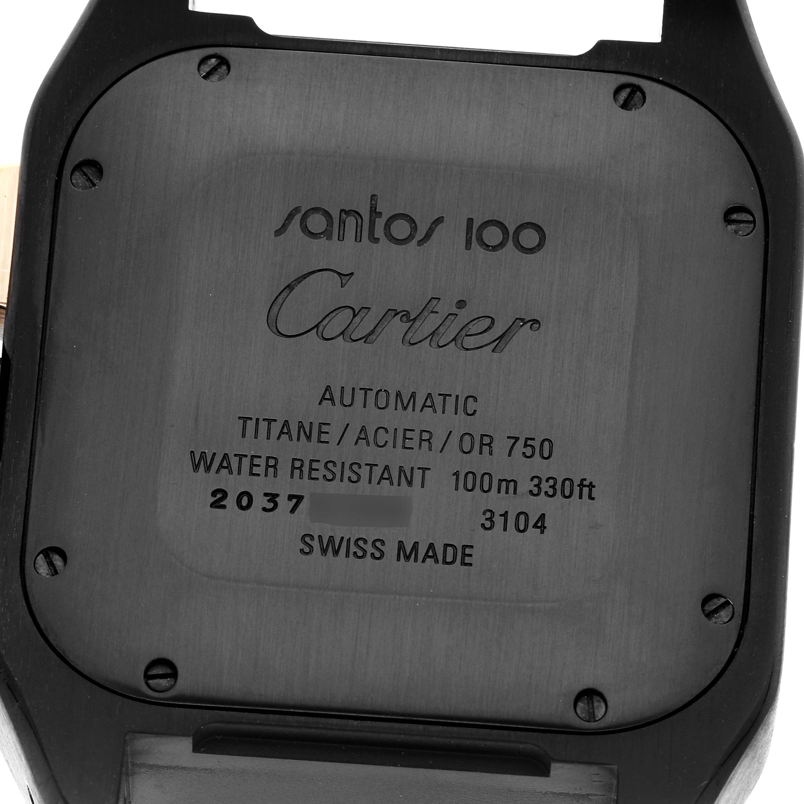 The image shows the case back of the Cartier Santos W2020004 Men's Titanium Black Dial W2020004 Men's Titanium Black Dial watch model, highlighting the engraved specifications and details.