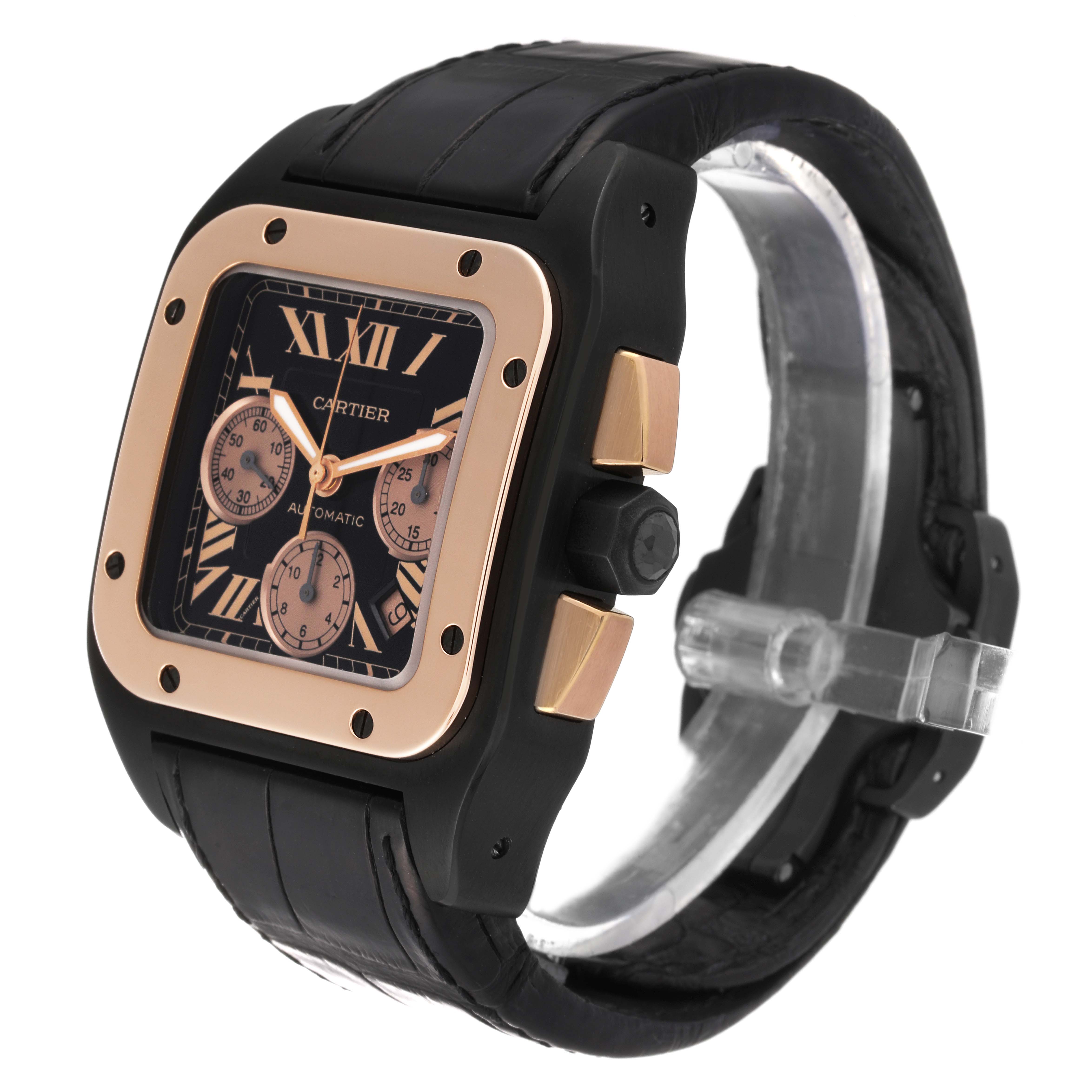 The image shows a Cartier Santos W2020004 Men's Titanium Black Dial W2020004 Men's Titanium Black Dial model watch from an angled perspective, highlighting the face, bezel, strap, and side buttons.