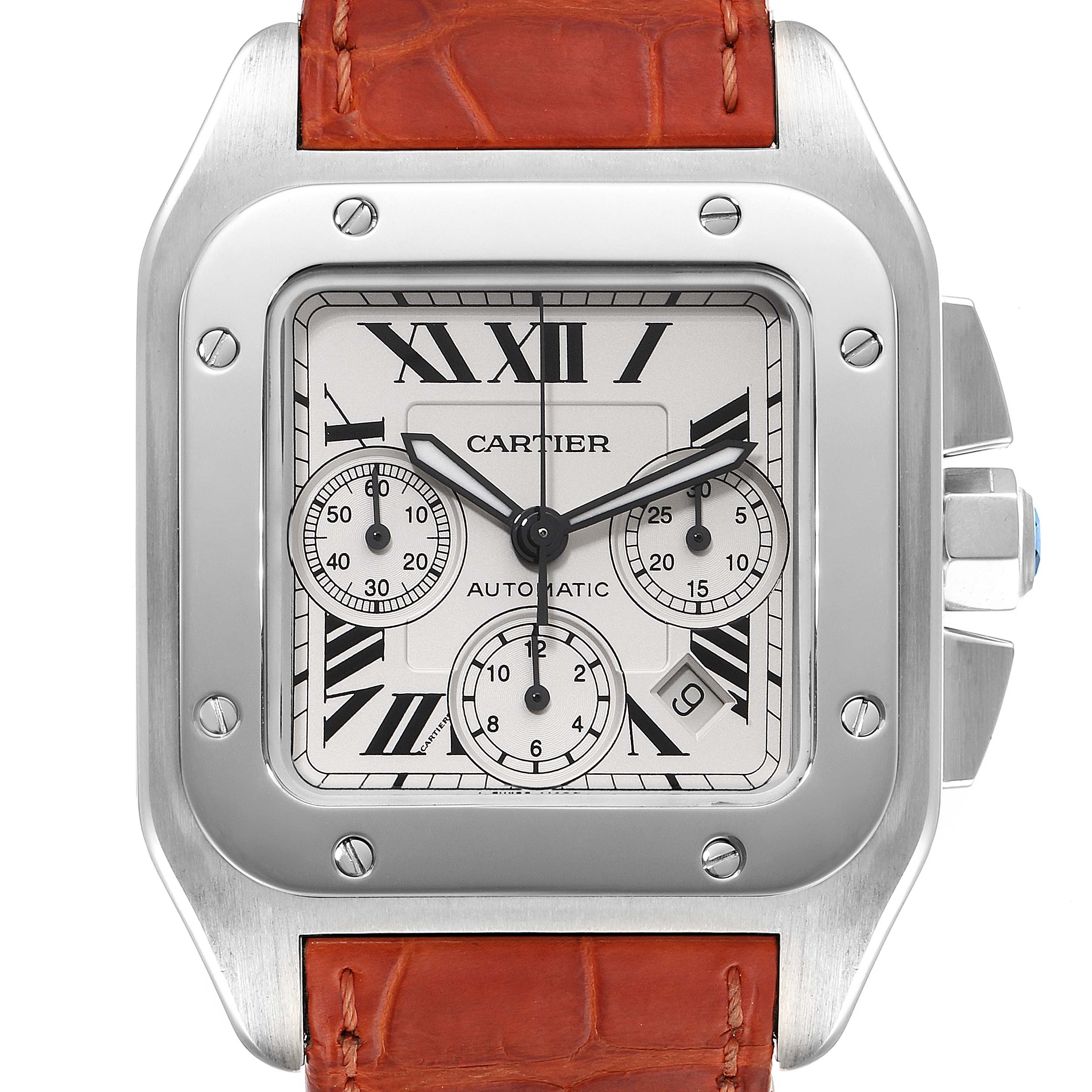 Front view of the Cartier Santos W20090X8 Men's Stainless Steel Silver Dial W20090X8 Men's Stainless Steel Silver Dial watch showing the face, case, subdials, and part of the leather strap.