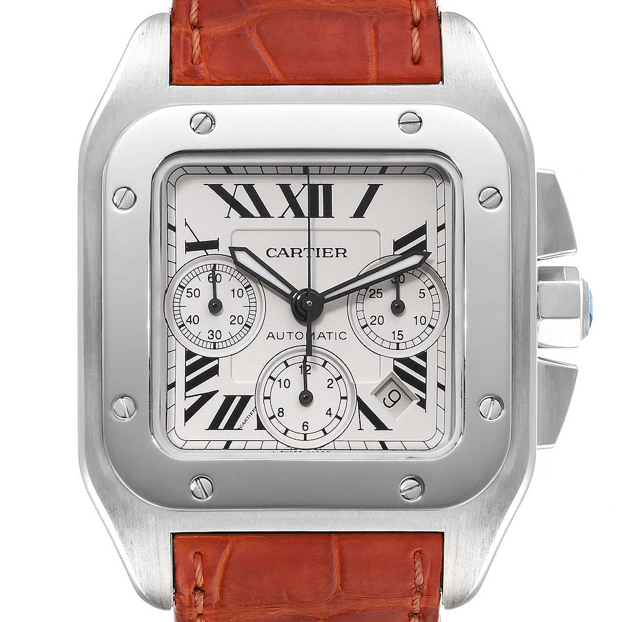 Cartier Santos 100 XL Silver Dial Chronograph Mens Watch W20090X8 Box Papers SwissWatchExpo