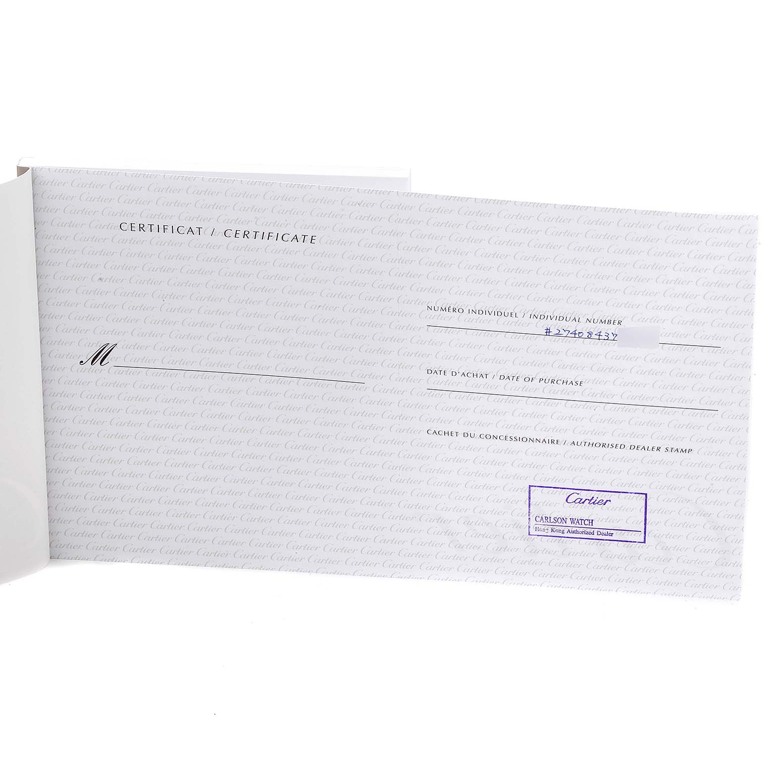 Pictured is the certificate of authenticity for a Santos watch by Cartier, showing individual number, date of purchase, and dealer stamp.