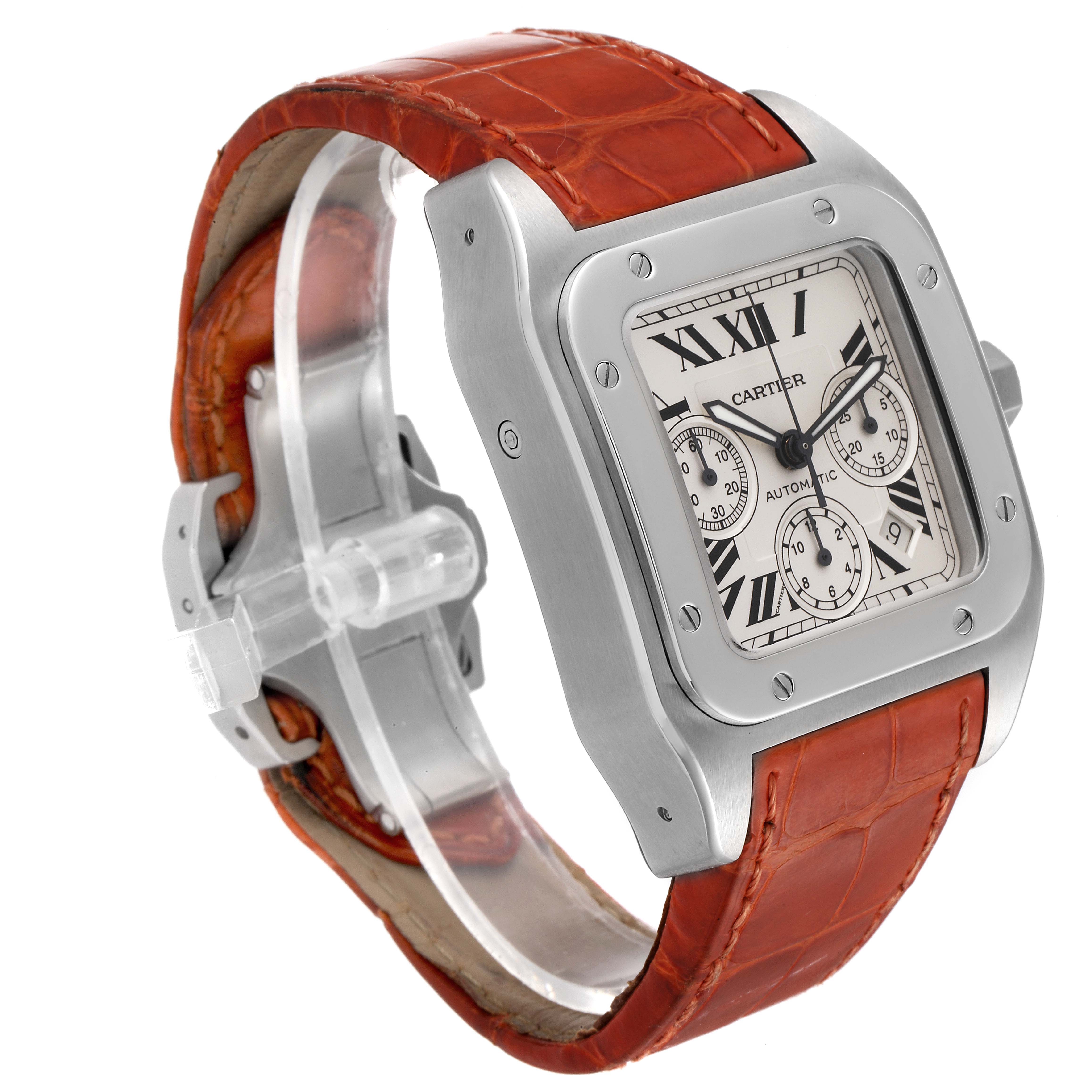 The image shows a Cartier Santos W20090X8 Men's Stainless Steel Silver Dial W20090X8 Men's Stainless Steel Silver Dial watch at a three-quarter angle, featuring its face, bezel, case, and orange leather strap.