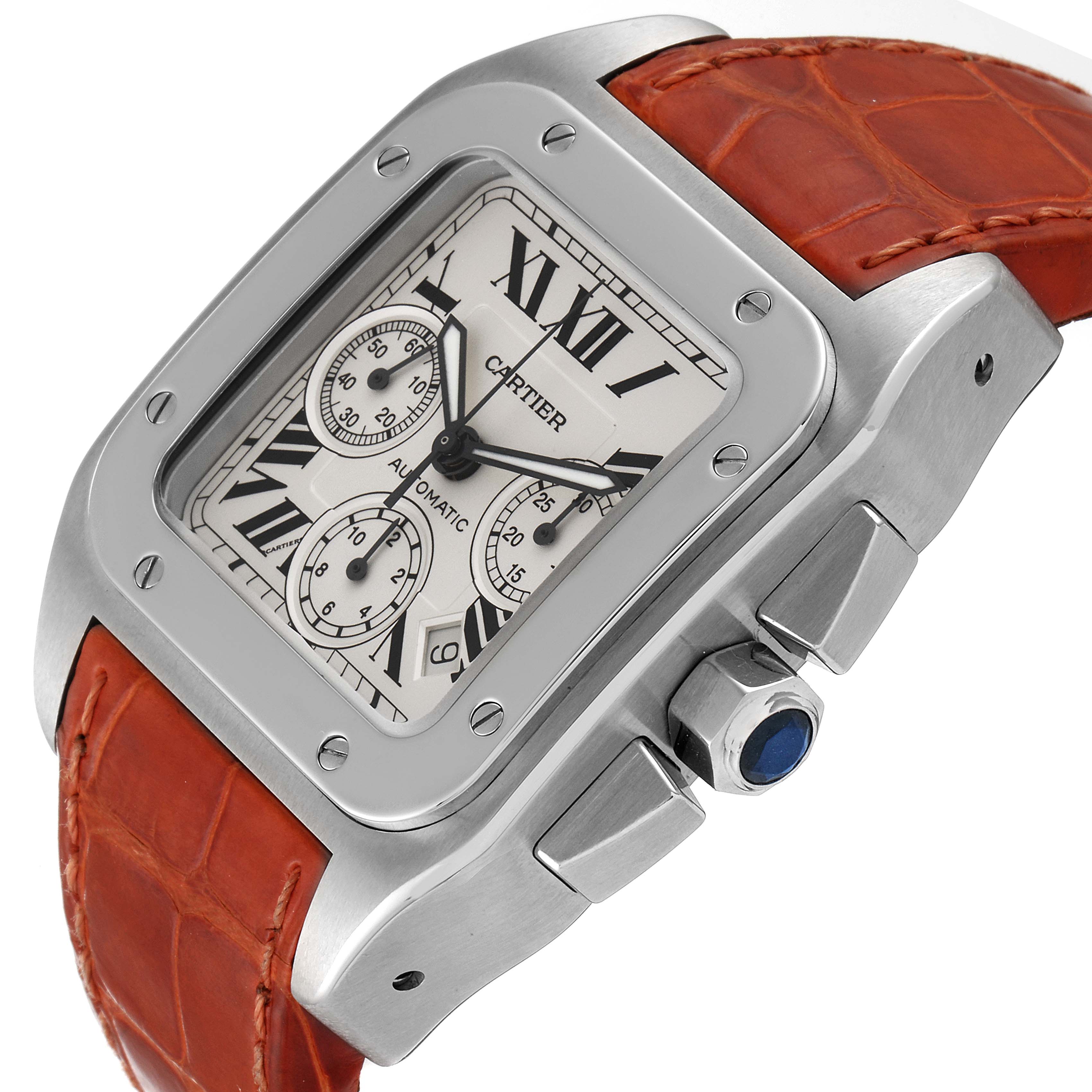 The Cartier Santos W20090X8 Men's Stainless Steel Silver Dial W20090X8 Men's Stainless Steel Silver Dial watch is shown from a side angle highlighting the dial, case, crown, and leather strap.