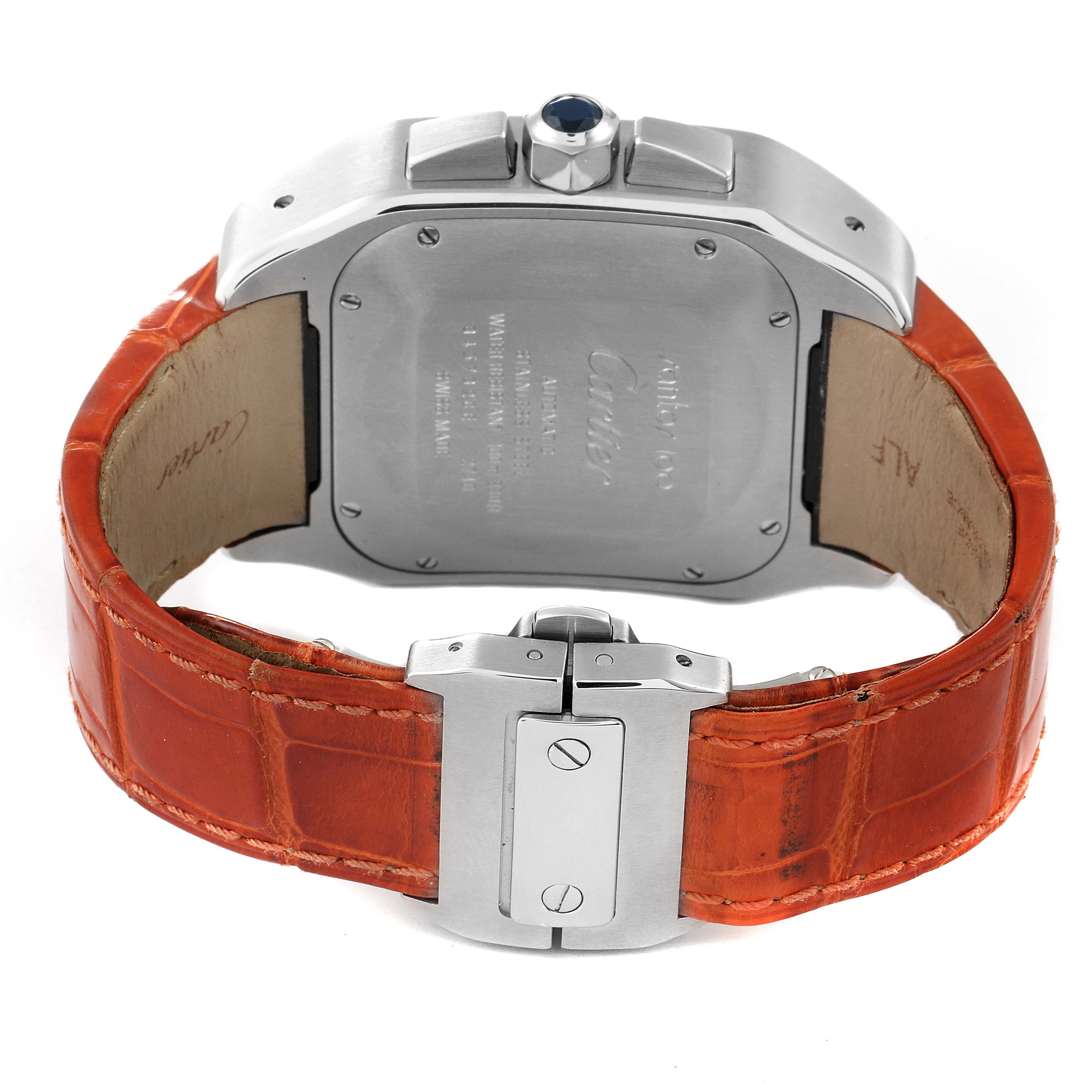 The image shows the rear side of a Cartier Santos W20090X8 Men's Stainless Steel Silver Dial W20090X8 Men's Stainless Steel Silver Dial watch, focusing on the case back and the leather strap.