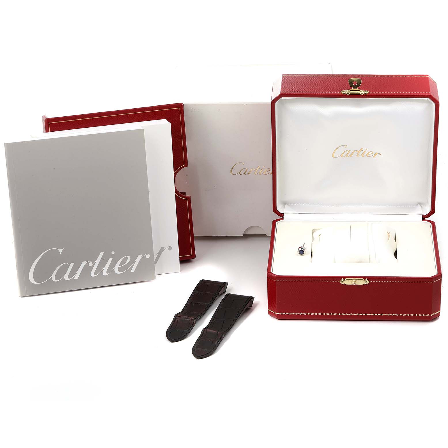 The image shows the box, instruction materials, and extra straps for a Cartier Santos W20090X8 Men's Stainless Steel Silver Dial W20090X8 Men's Stainless Steel Silver Dial model watch.