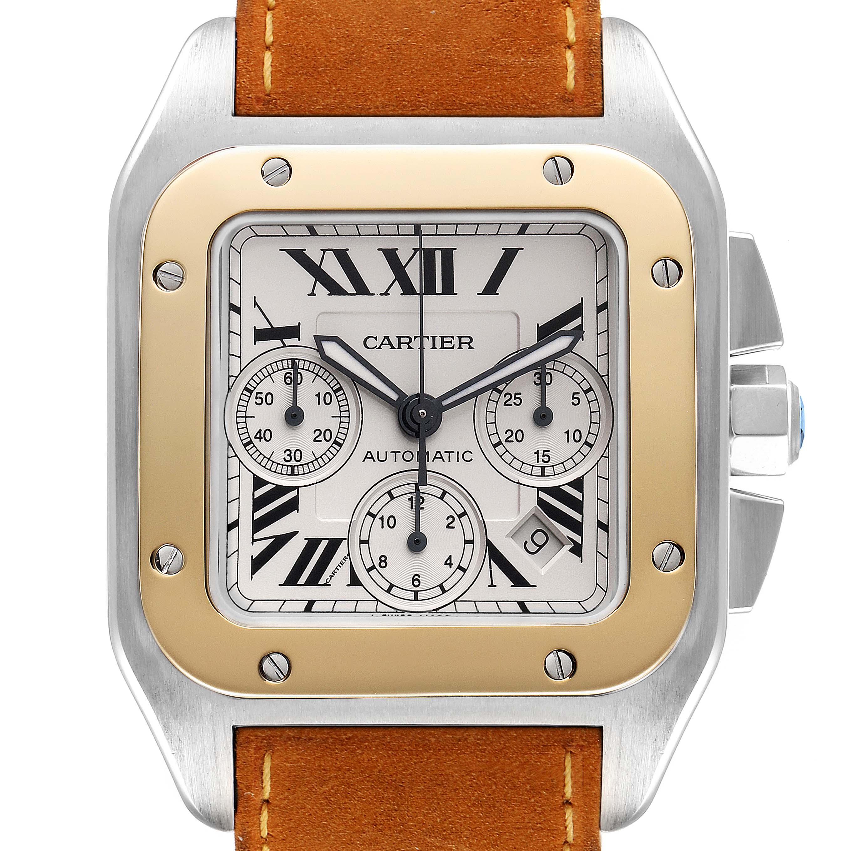 The image shows a front view of a Cartier Santos W20091X7 Men
s Steel and Gold (two tone) Silver Dial W20091X7 Men
s Steel and Gold (two tone) Silver Dial watch, including its face, bezel, and part of the strap.