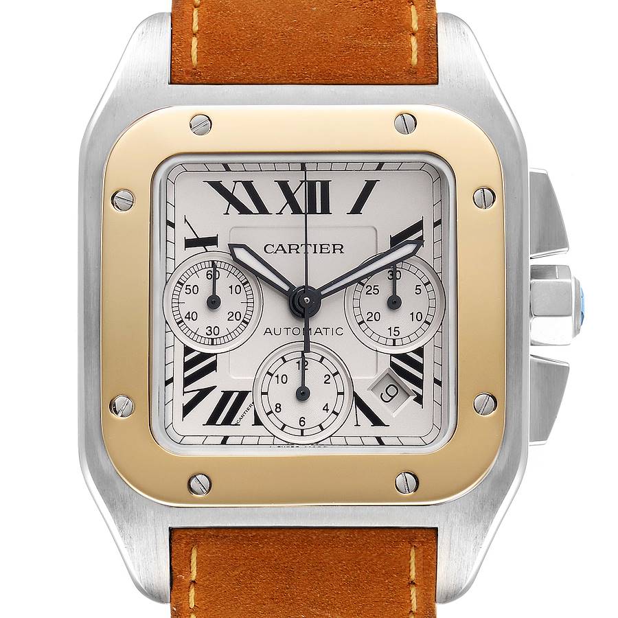 Cartier Santos 100 XL Chronograph Steel Yellow Gold Mens Watch W20091X7 SwissWatchExpo