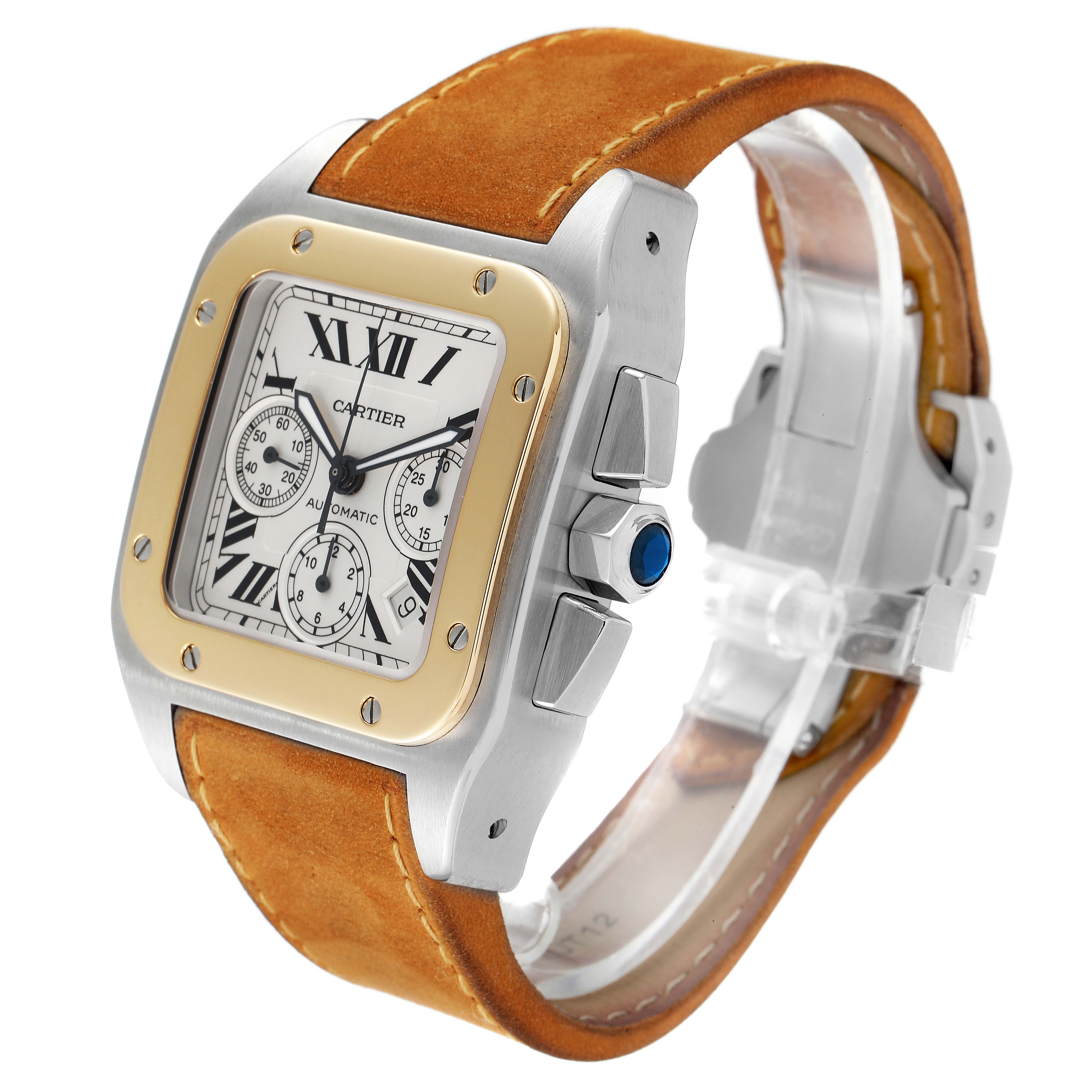 The Cartier Santos W20091X7 Men
s Steel and Gold (two tone) Silver Dial W20091X7 Men
s Steel and Gold (two tone) Silver Dial watch is shown at an angle displaying the face, bezel, and strap.