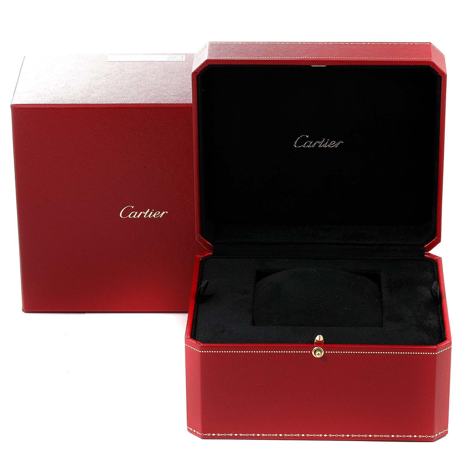 The image shows an open red Cartier watch box for the Santos model, with the interior cushion visible.