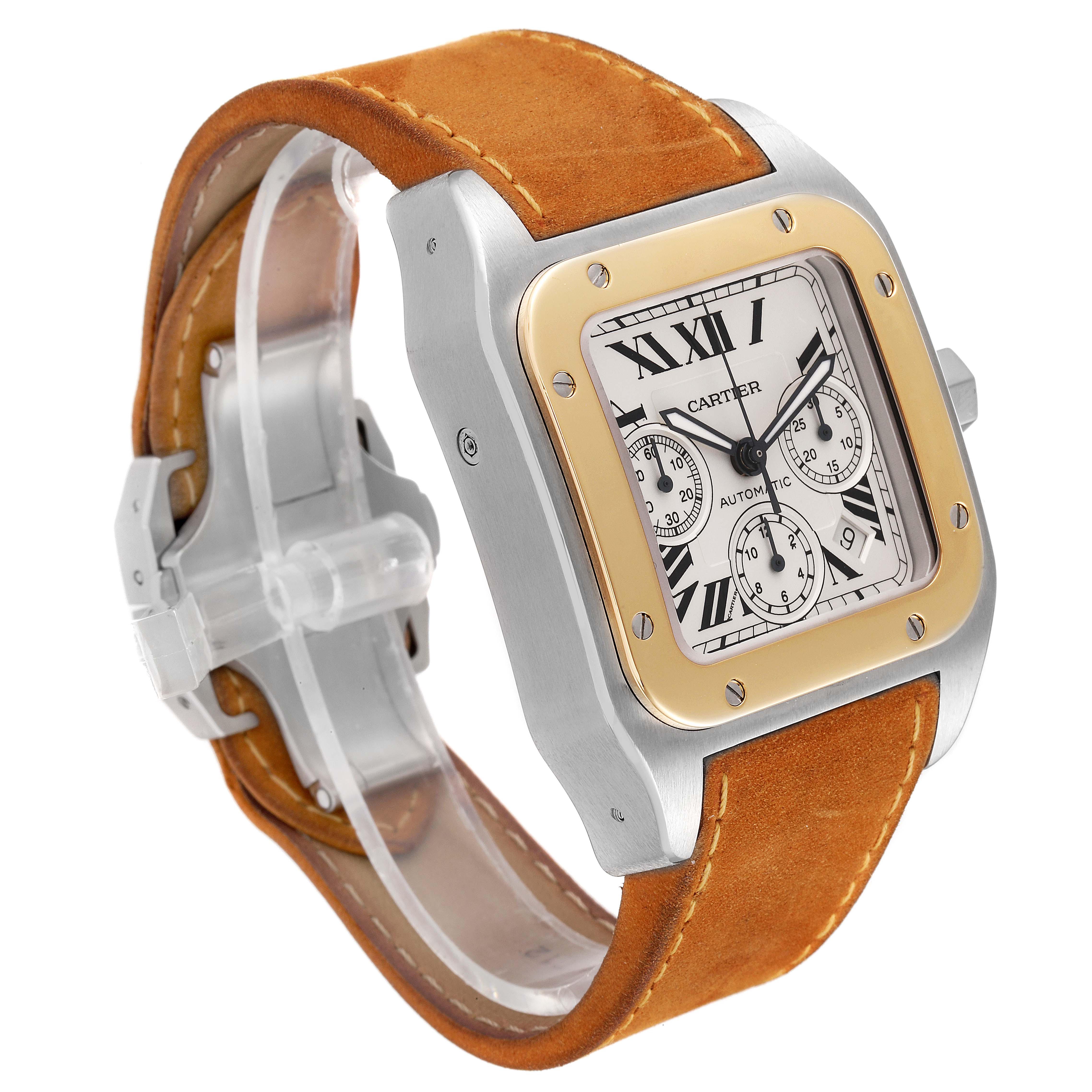 The Cartier Santos W20091X7 Men
s Steel and Gold (two tone) Silver Dial W20091X7 Men
s Steel and Gold (two tone) Silver Dial watch is shown at a three-quarter angle, highlighting the dial, case, and leather strap.
