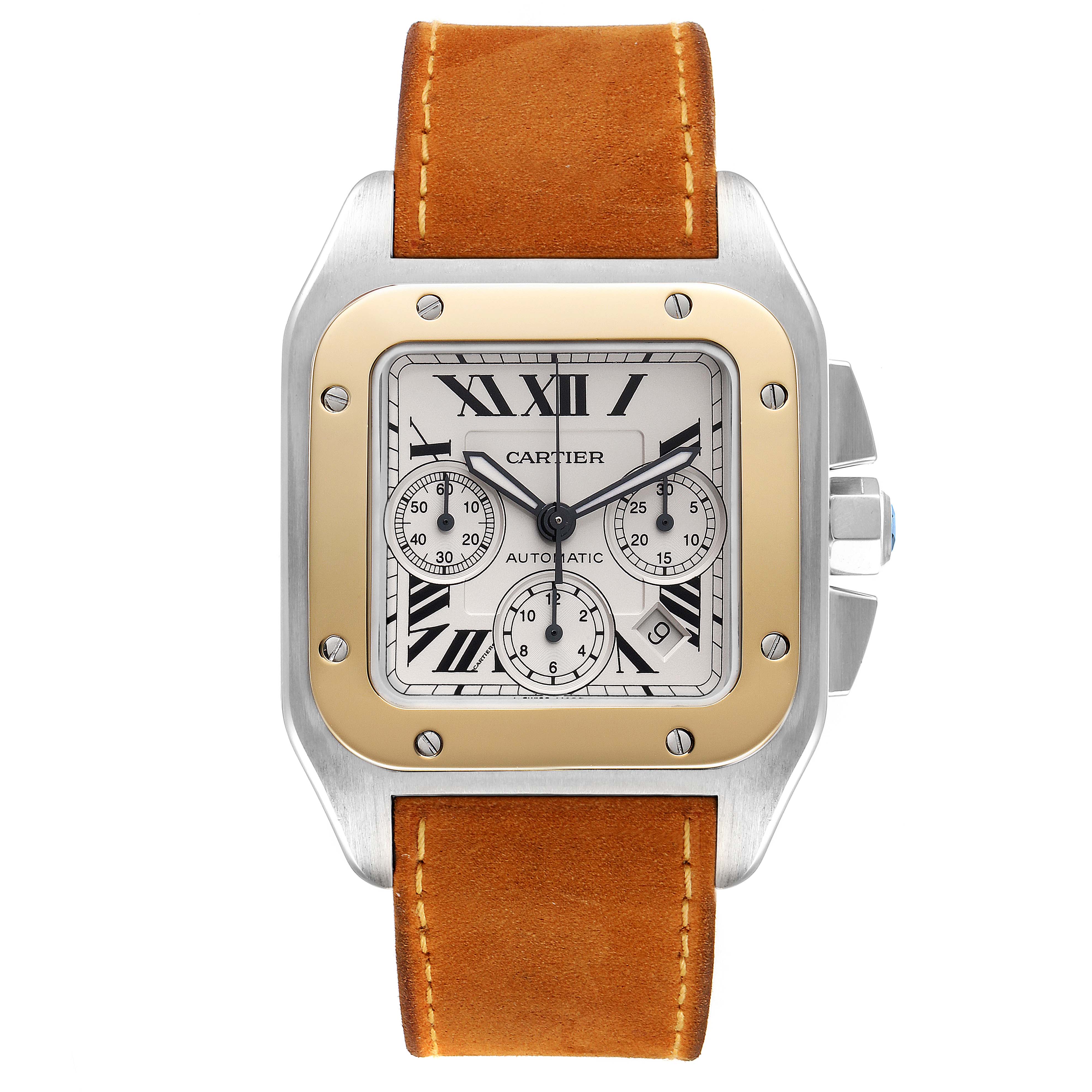 The image shows a front view of a Cartier Santos W20091X7 Men
s Steel and Gold (two tone) Silver Dial W20091X7 Men
s Steel and Gold (two tone) Silver Dial model watch with a brown leather strap.