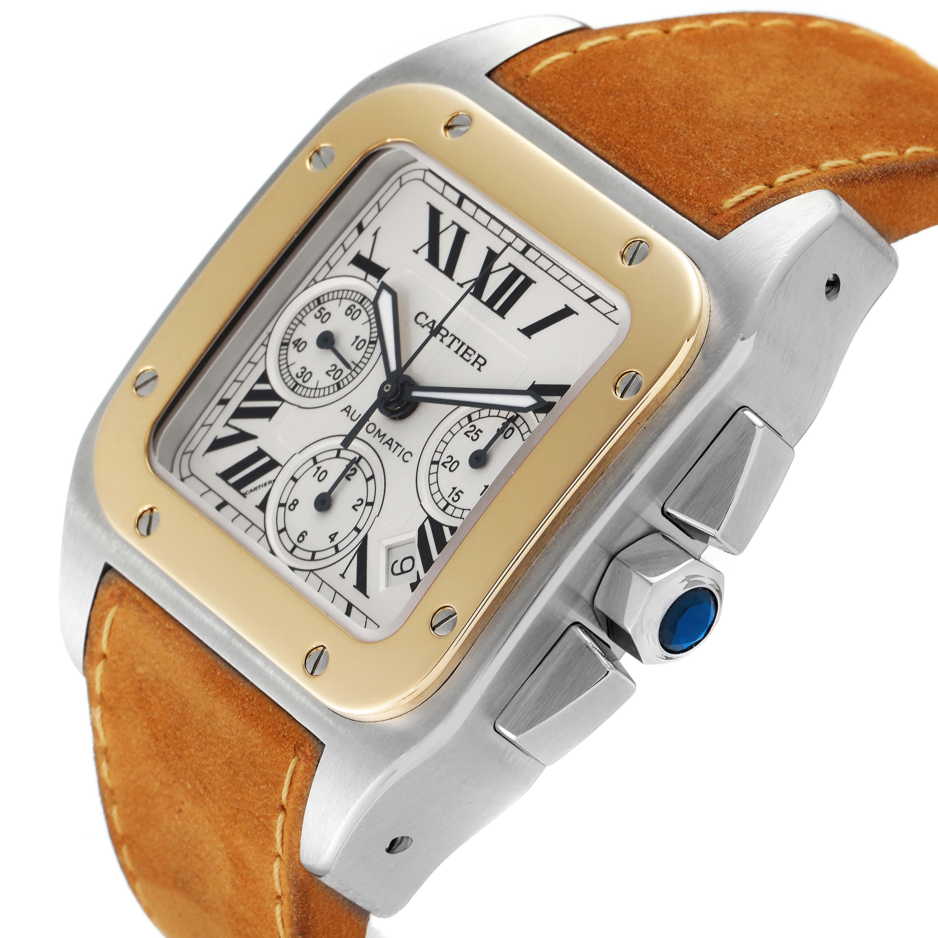 The Cartier Santos W20091X7 Men
s Steel and Gold (two tone) Silver Dial W20091X7 Men
s Steel and Gold (two tone) Silver Dial watch is shown at a slight angle, displaying the face, crown, and part of the leather strap.