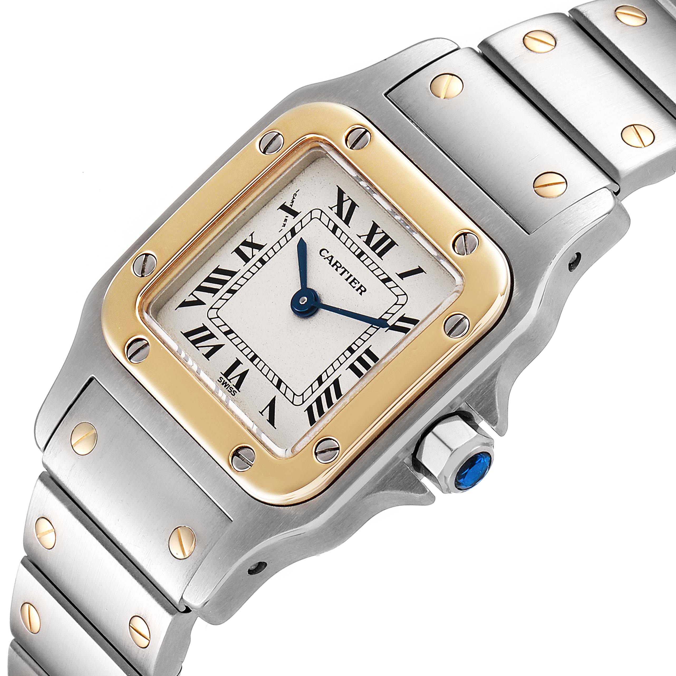 This image shows a close-up of the dial and bracelet of a Cartier Santos W20012C4 Women's Steel and Gold (two tone) Silver Dial W20012C4 Women's Steel and Gold (two tone) Silver Dial watch.