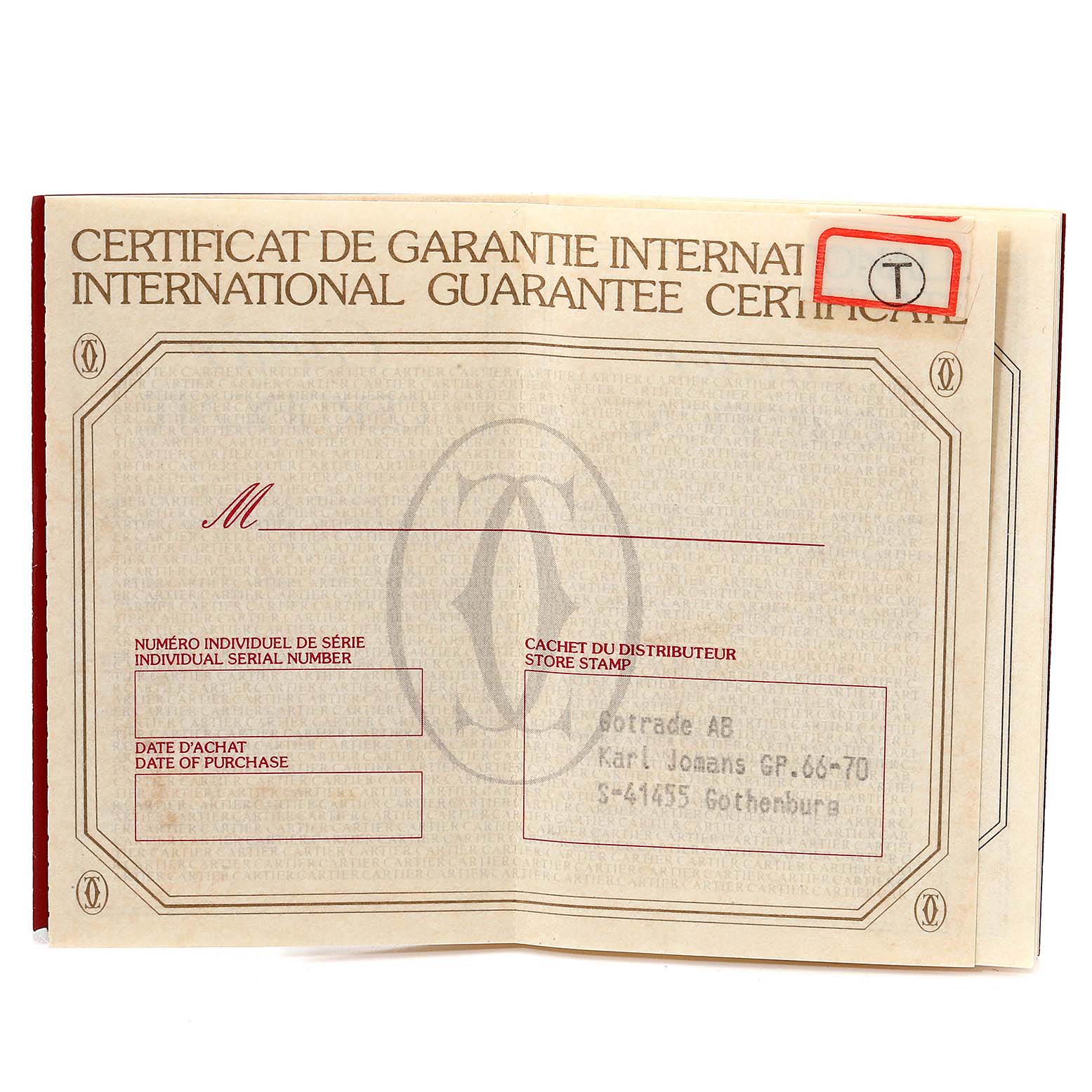 This image shows the International Guarantee Certificate for a Cartier Santos W20012C4 Women's Steel and Gold (two tone) Silver Dial W20012C4 Women's Steel and Gold (two tone) Silver Dial model watch.