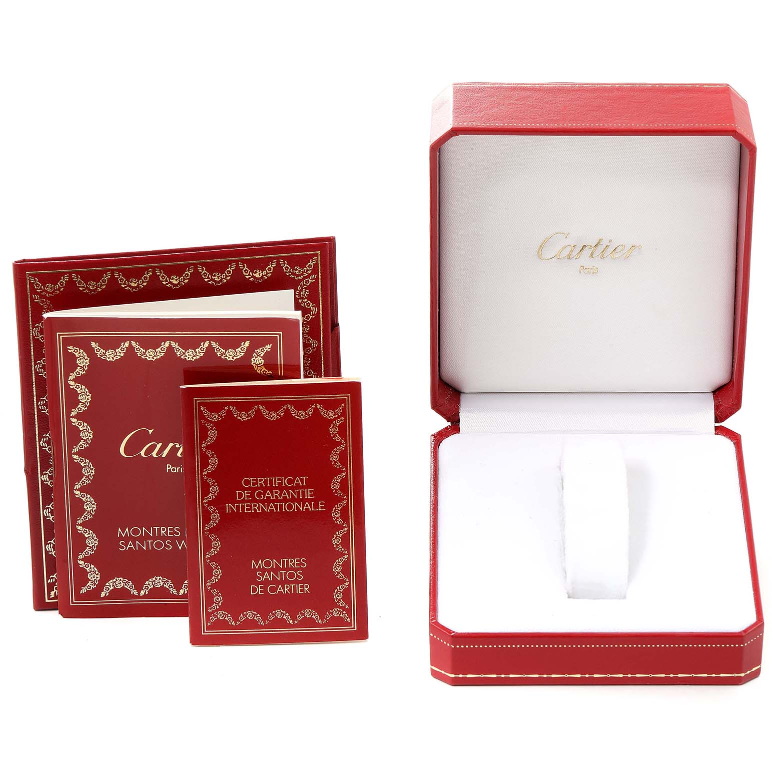 The image shows the packaging and certification documents for the Santos model by Cartier.