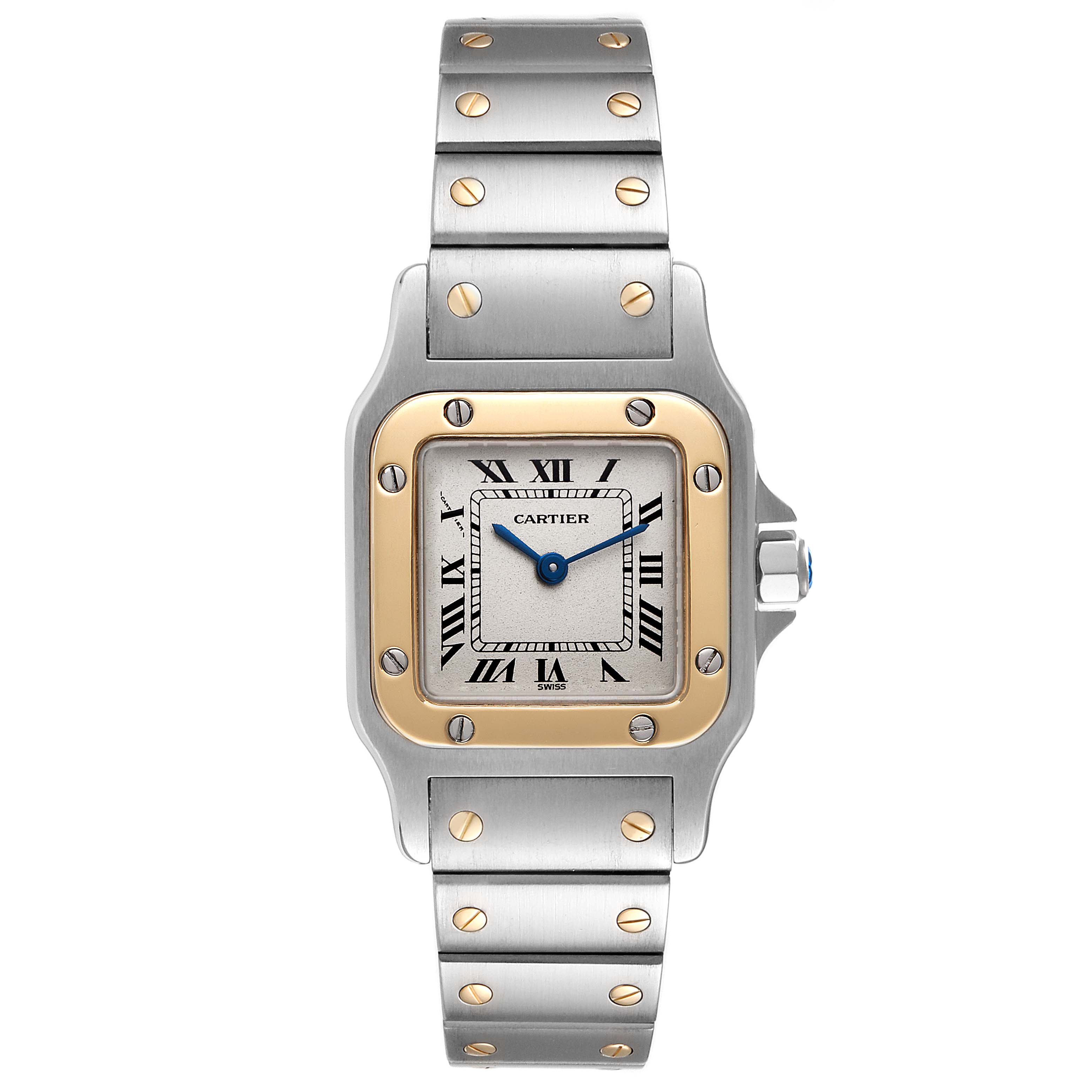 The image shows a front view of the Cartier Santos W20012C4 Women's Steel and Gold (two tone) Silver Dial W20012C4 Women's Steel and Gold (two tone) Silver Dial watch, highlighting its dial, bezel, and bracelet.