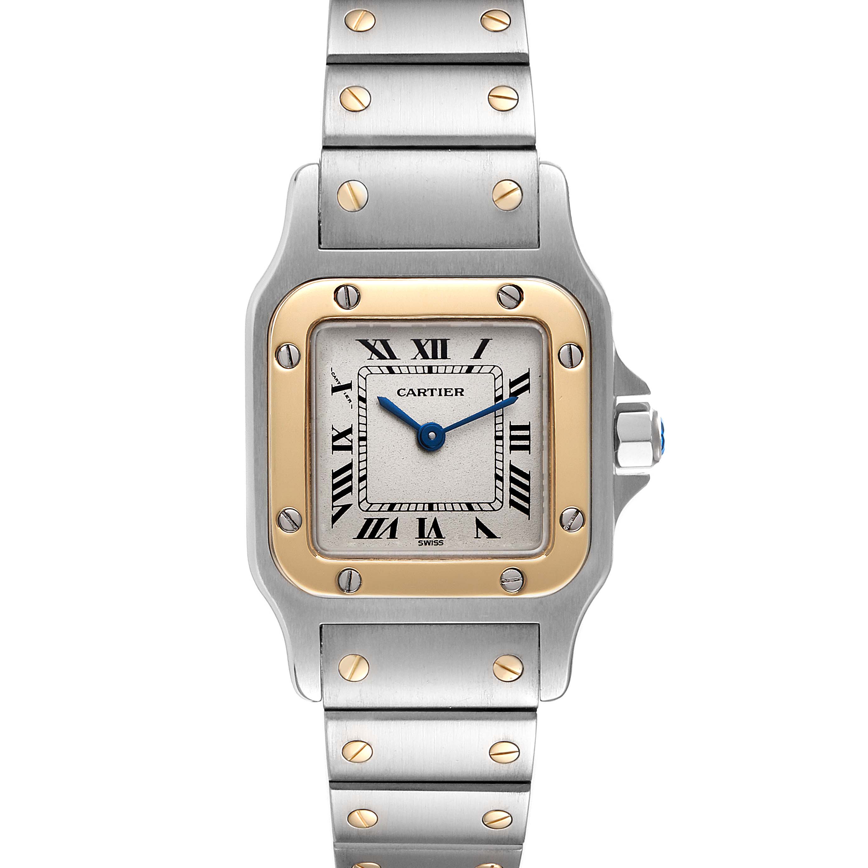 The image shows a front view of a Santos model by Cartier, highlighting the face, bezel, and bracelet.
