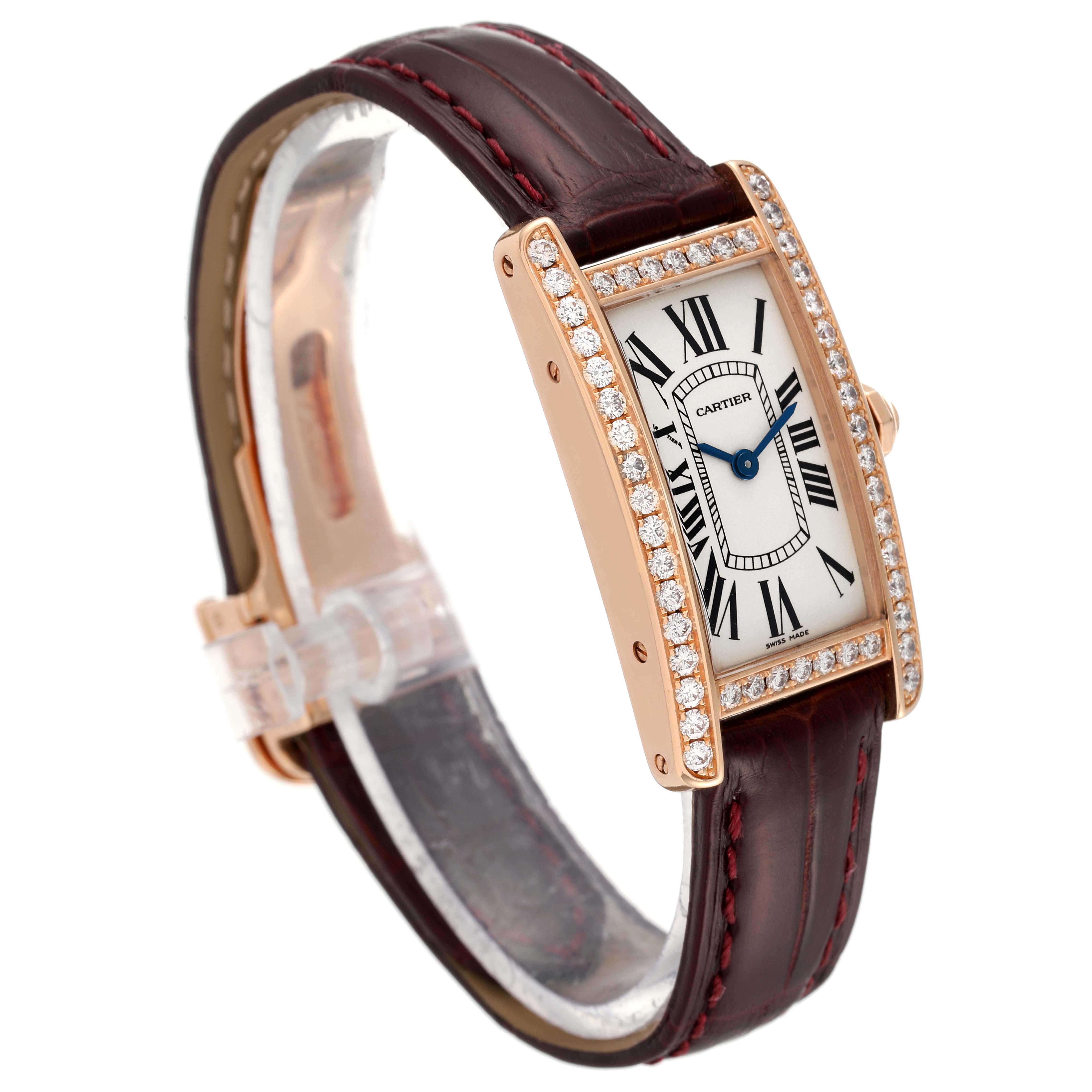 The image shows a Cartier Tank Américaine watch from an angled side view, highlighting its face, bezel, and leather strap.