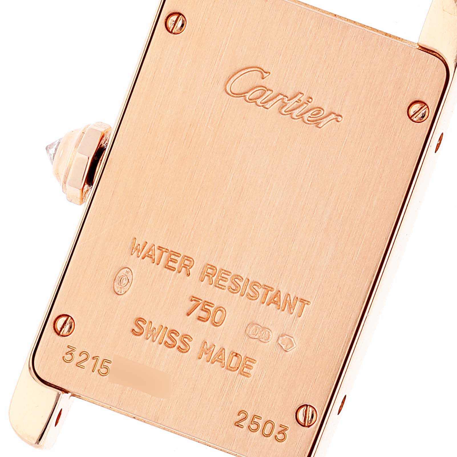 The image shows a close-up of the back case of a Cartier Tank Américaine watch, highlighting the Cartier branding and specifications.