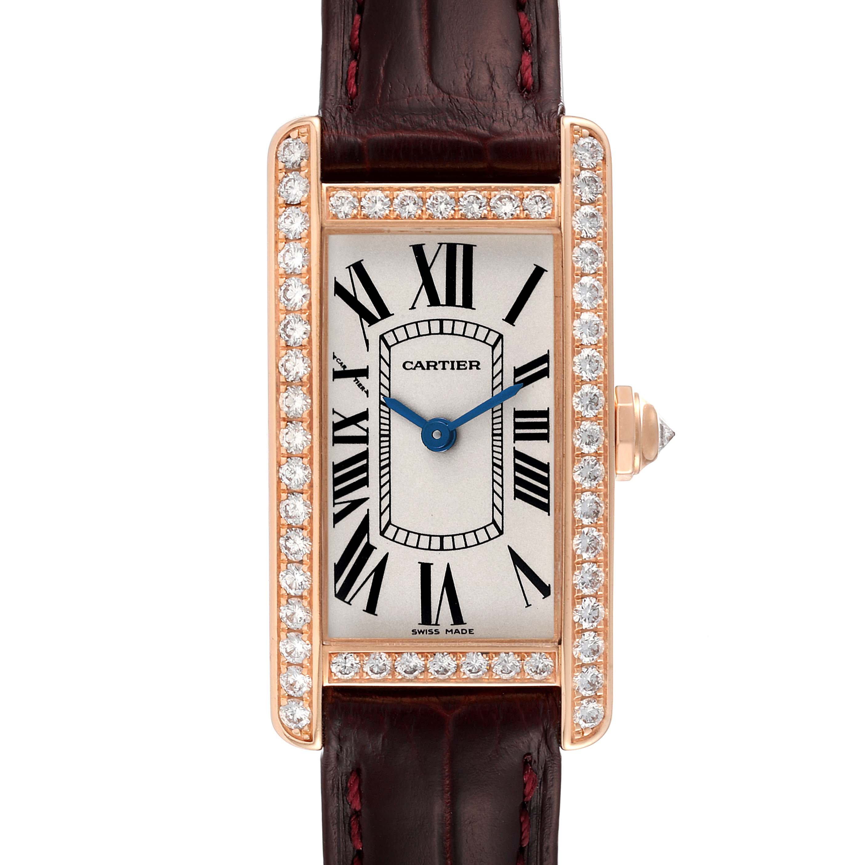 This photo shows a front view of the Cartier Tank Americaine WJTA0002 Women's Rose Gold Silver Dial WJTA0002 Women's Rose Gold Silver Dial watch, displaying the face, bezel, and strap.