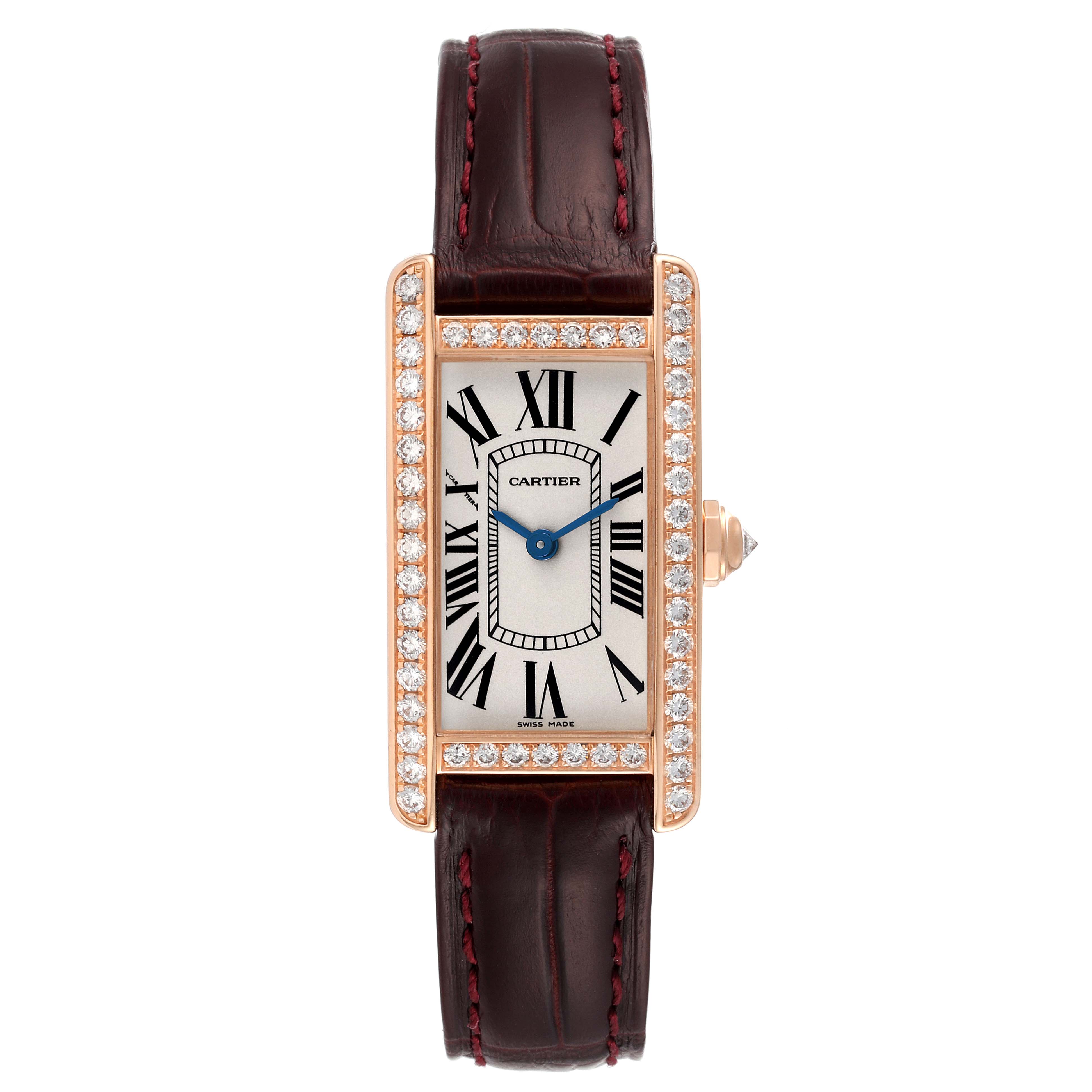 The image shows a full frontal view of a Cartier Tank Americaine WJTA0002 Women's Rose Gold Silver Dial WJTA0002 Women's Rose Gold Silver Dial watch with a diamond-set bezel, roman numerals, and a leather strap.