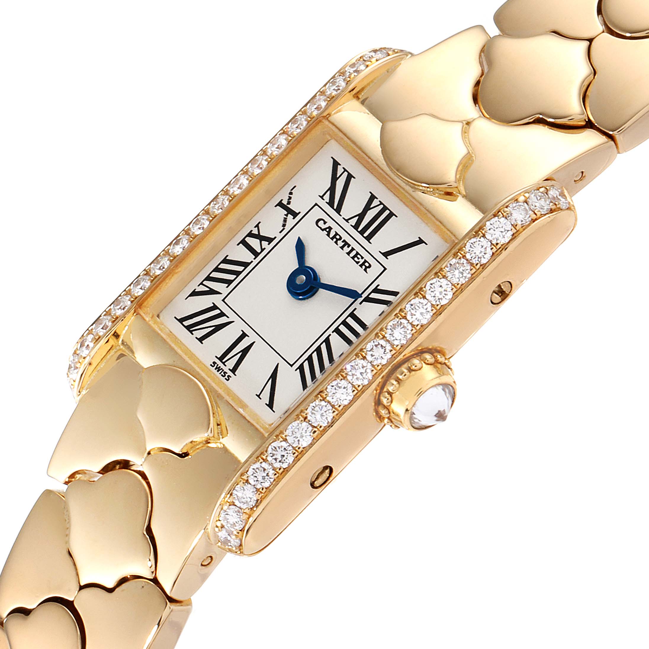 This image shows a detailed side angle of the Cartier Tank Classic 1361 Women's Yellow Gold Silver Dial 1361 Women's Yellow Gold Silver Dial watch, highlighting its diamond-studded case, crown, and bracelet.