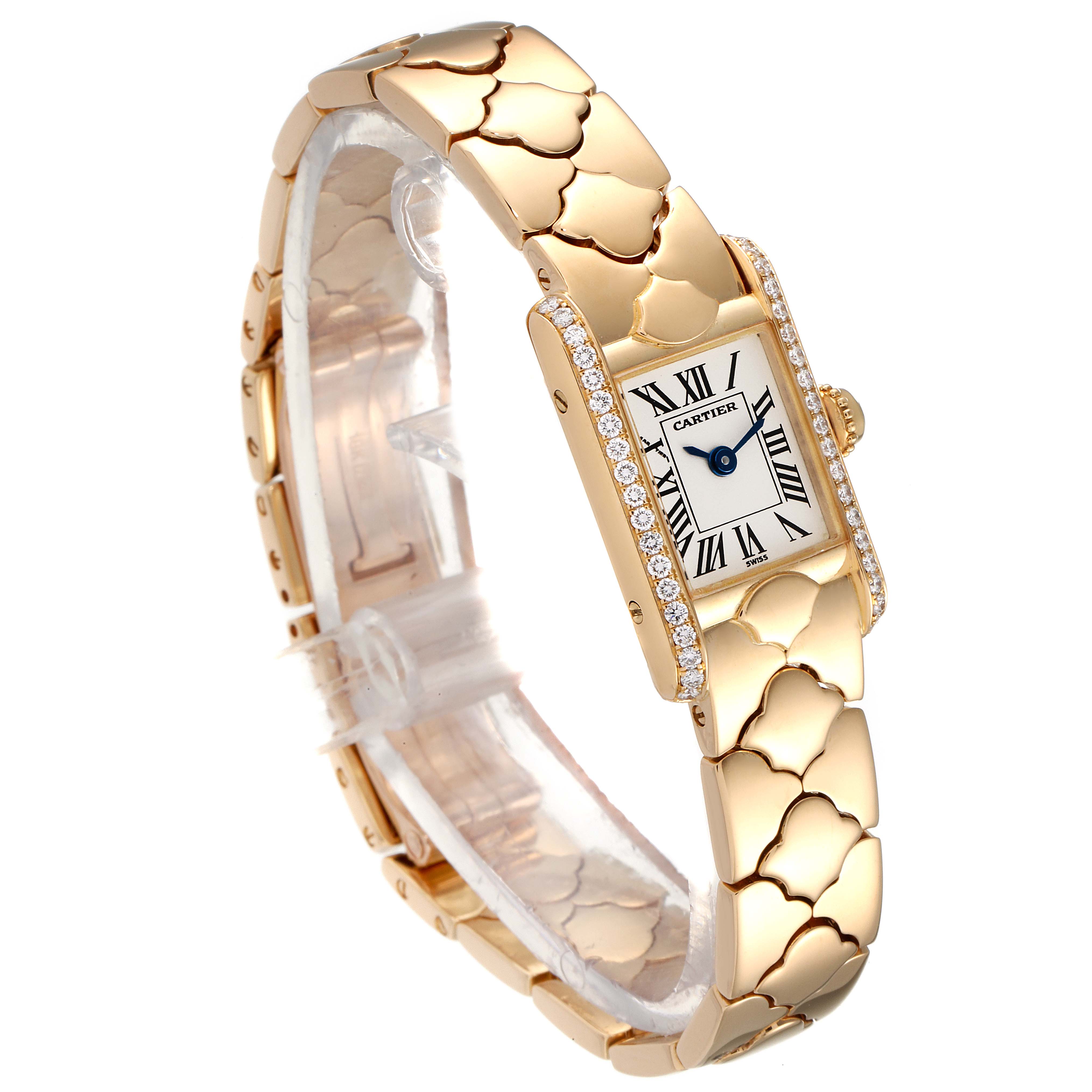 The Cartier Tank Classic 1361 Women's Yellow Gold Silver Dial 1361 Women's Yellow Gold Silver Dial watch is shown at a three-quarter angle, highlighting its gold band, rectangular face, and diamond accents.