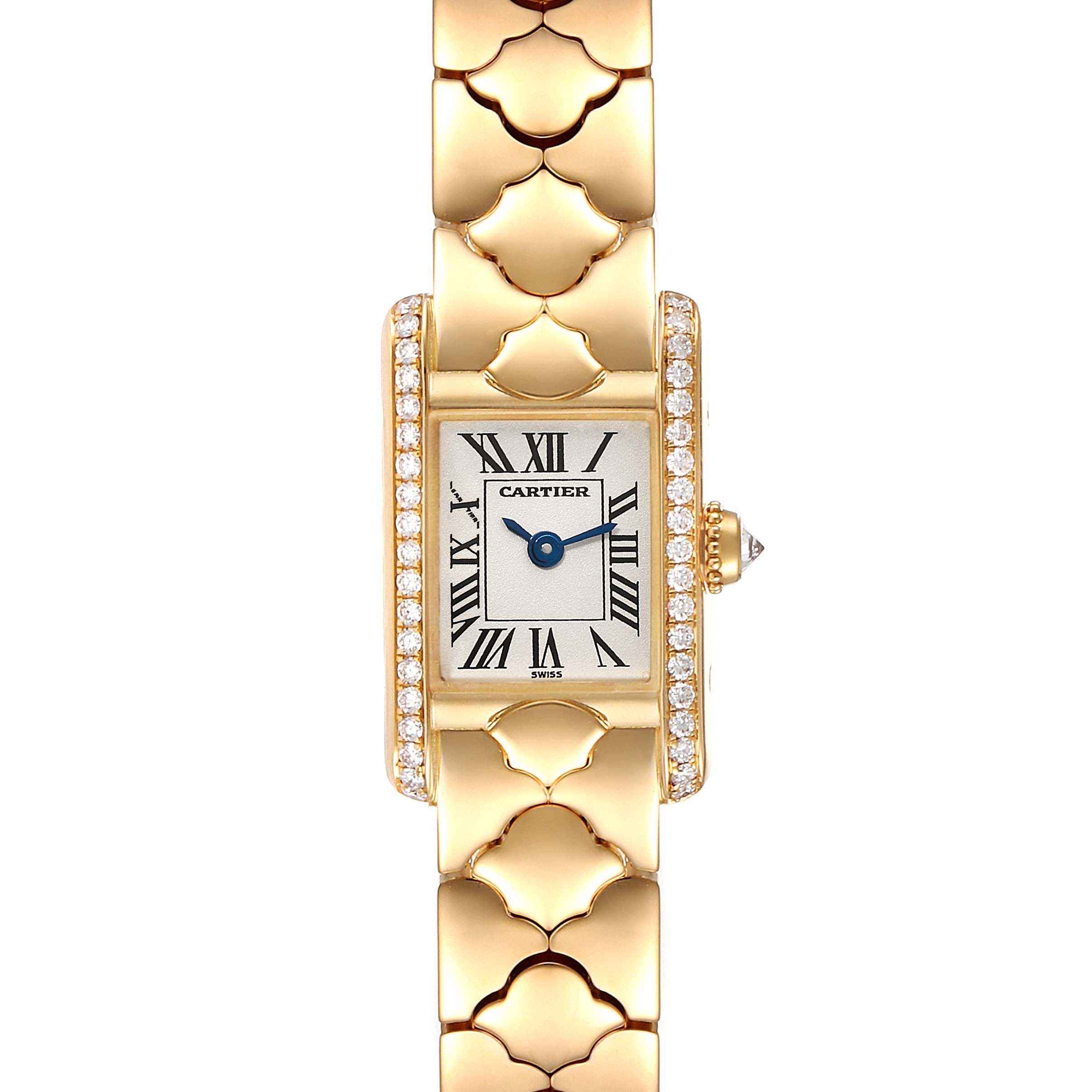 The image shows a top-down view of a Cartier Tank Classic 1361 Women's Yellow Gold Silver Dial 1361 Women's Yellow Gold Silver Dial watch, highlighting its gold bracelet and diamond-set bezel.