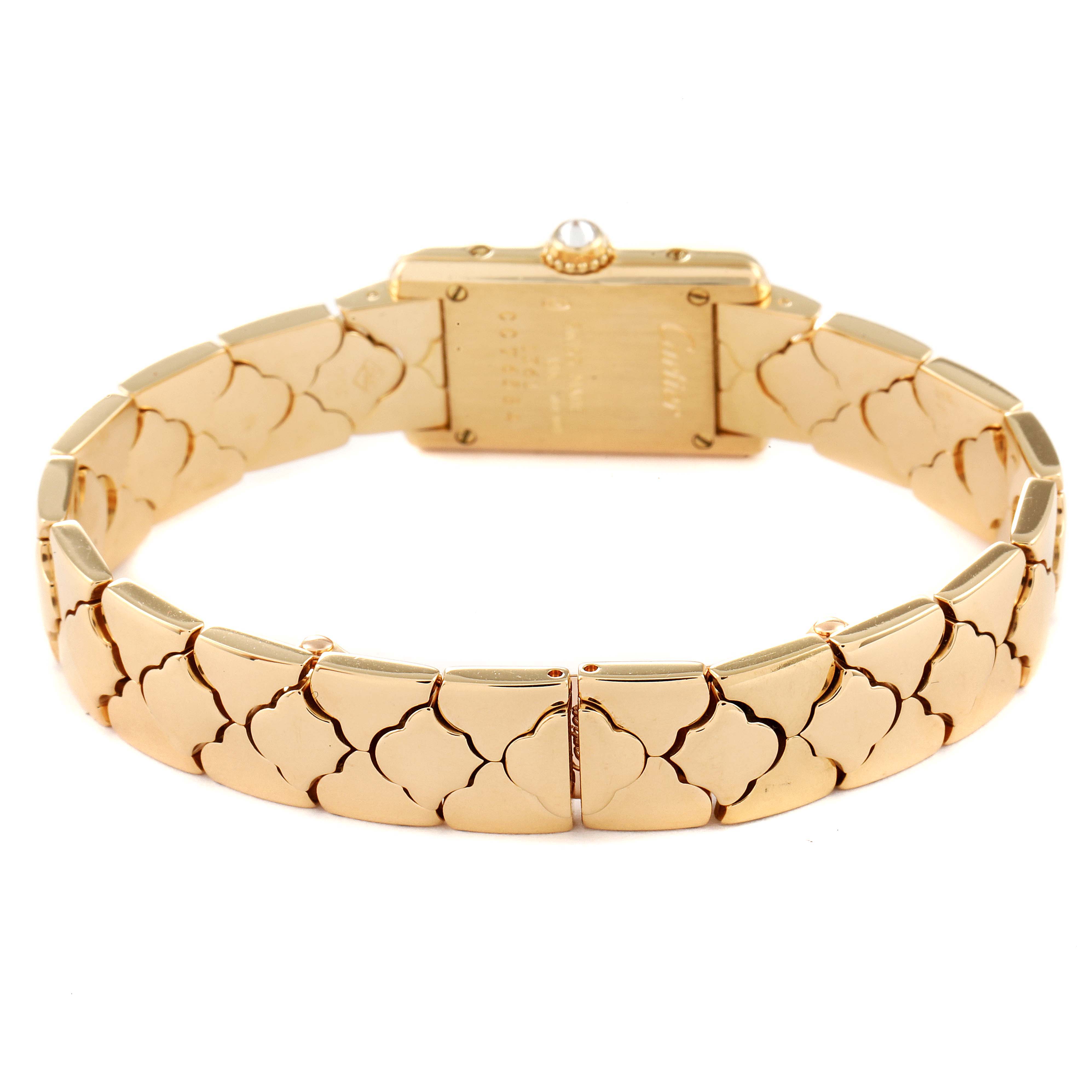 The image shows the backside and bracelet of the Cartier Tank Classic 1361 Women's Yellow Gold Silver Dial 1361 Women's Yellow Gold Silver Dial watch.