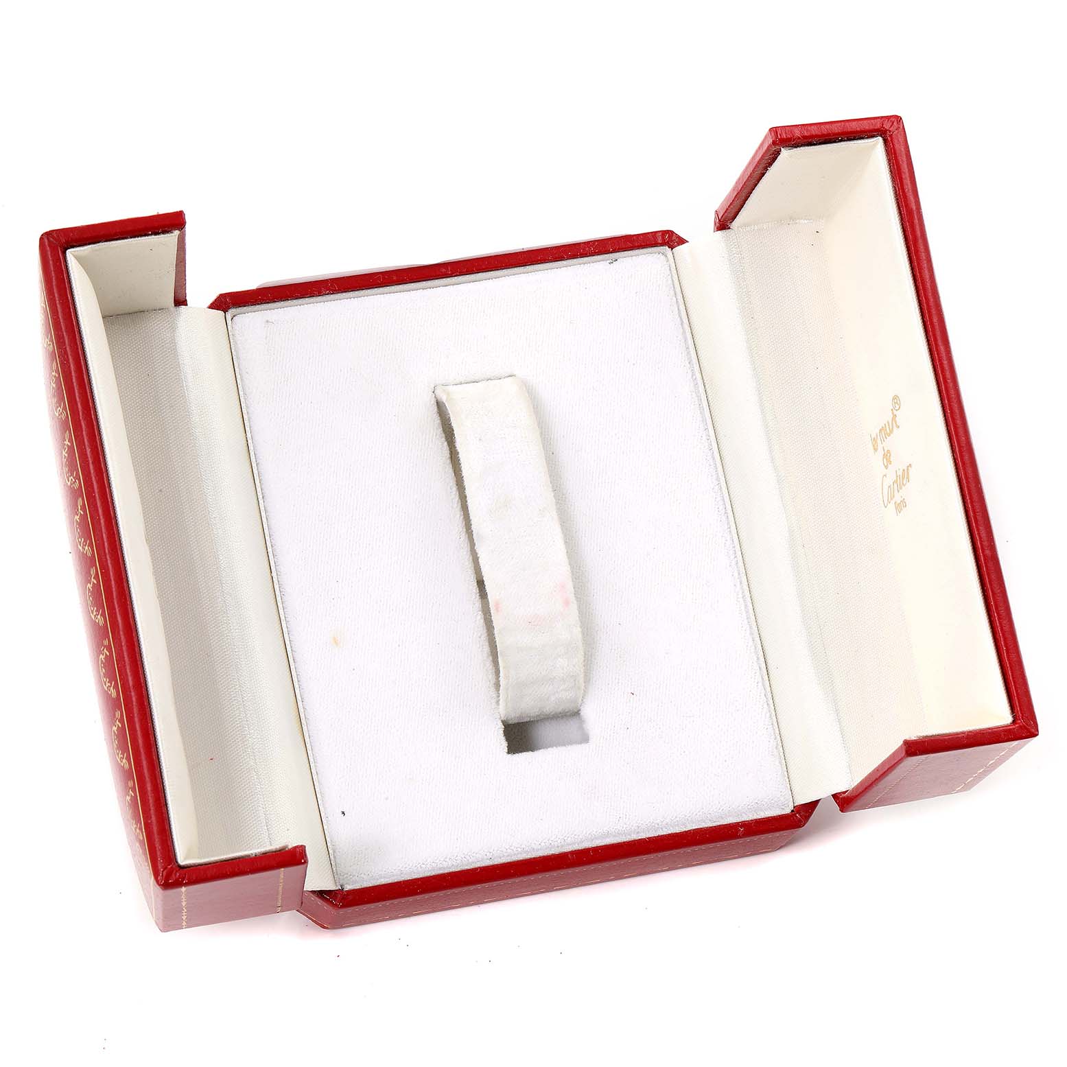 This image shows an open watch box for the Tank Classic model by Cartier, viewed from above.