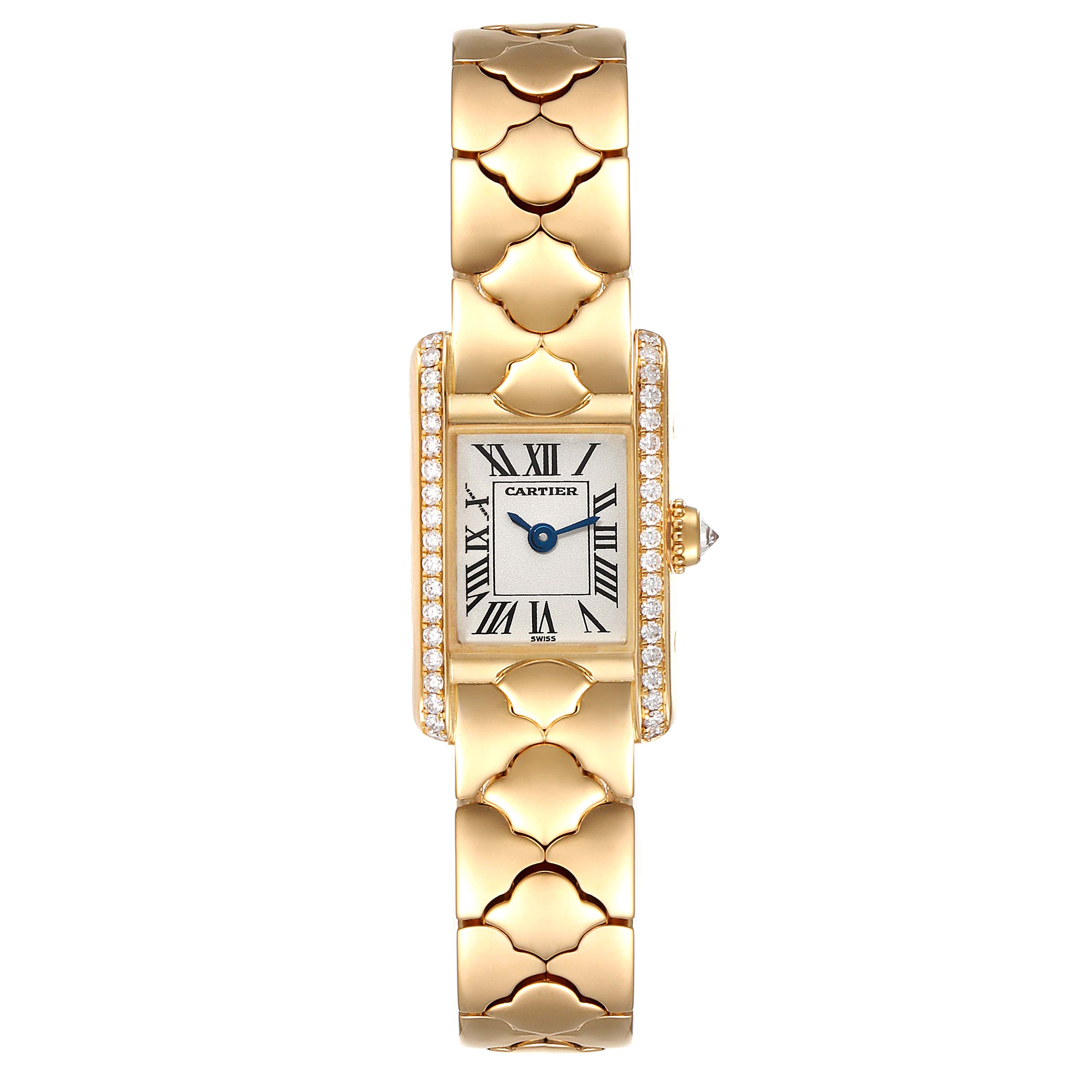 The image shows a Cartier Tank Classic 1361 Women's Yellow Gold Silver Dial 1361 Women's Yellow Gold Silver Dial watch from a front angle, showcasing its gold band, rectangular face, and diamond-encrusted sides.