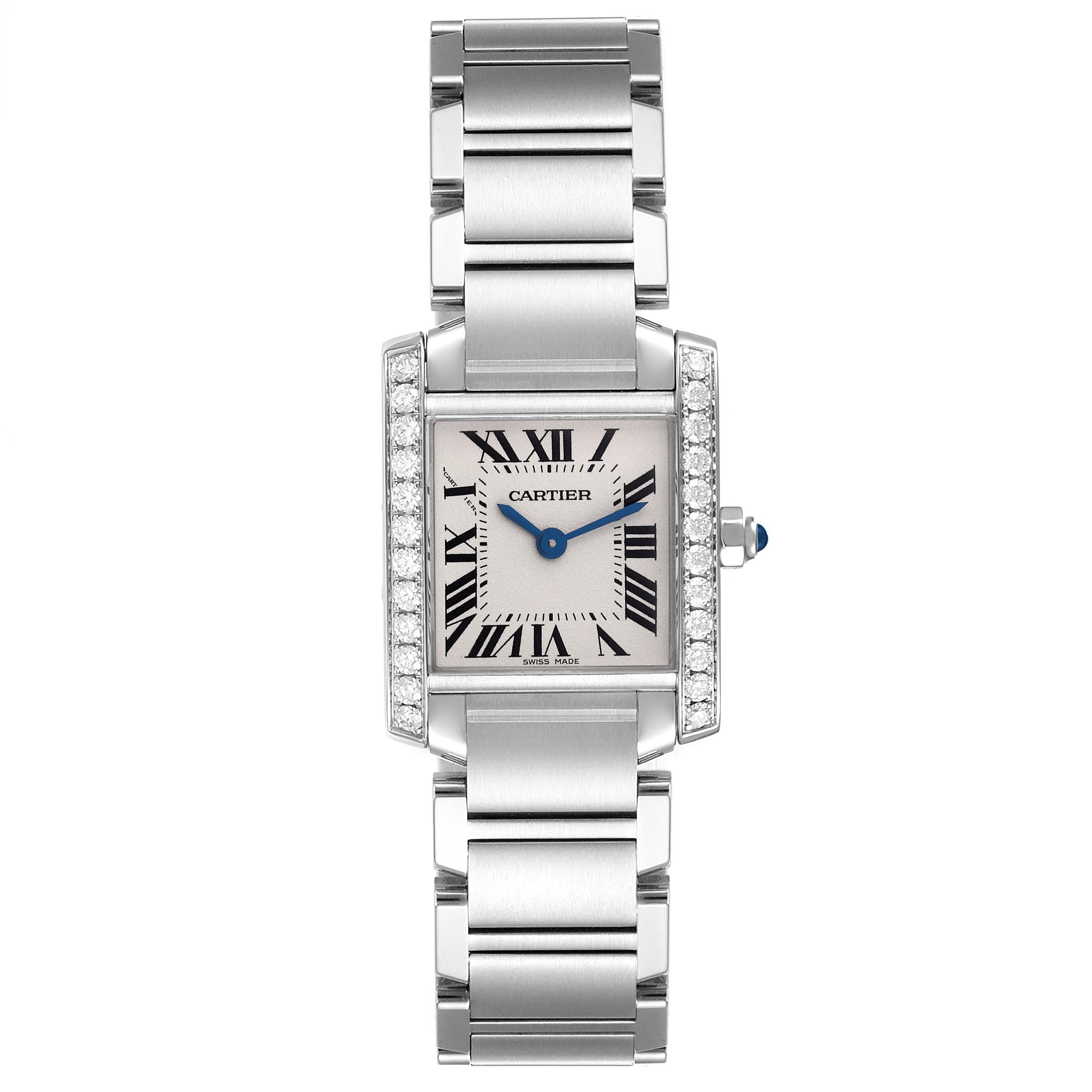 The Cartier Tank Française watch is shown from a top view, displaying the face, bezel, and bracelet.