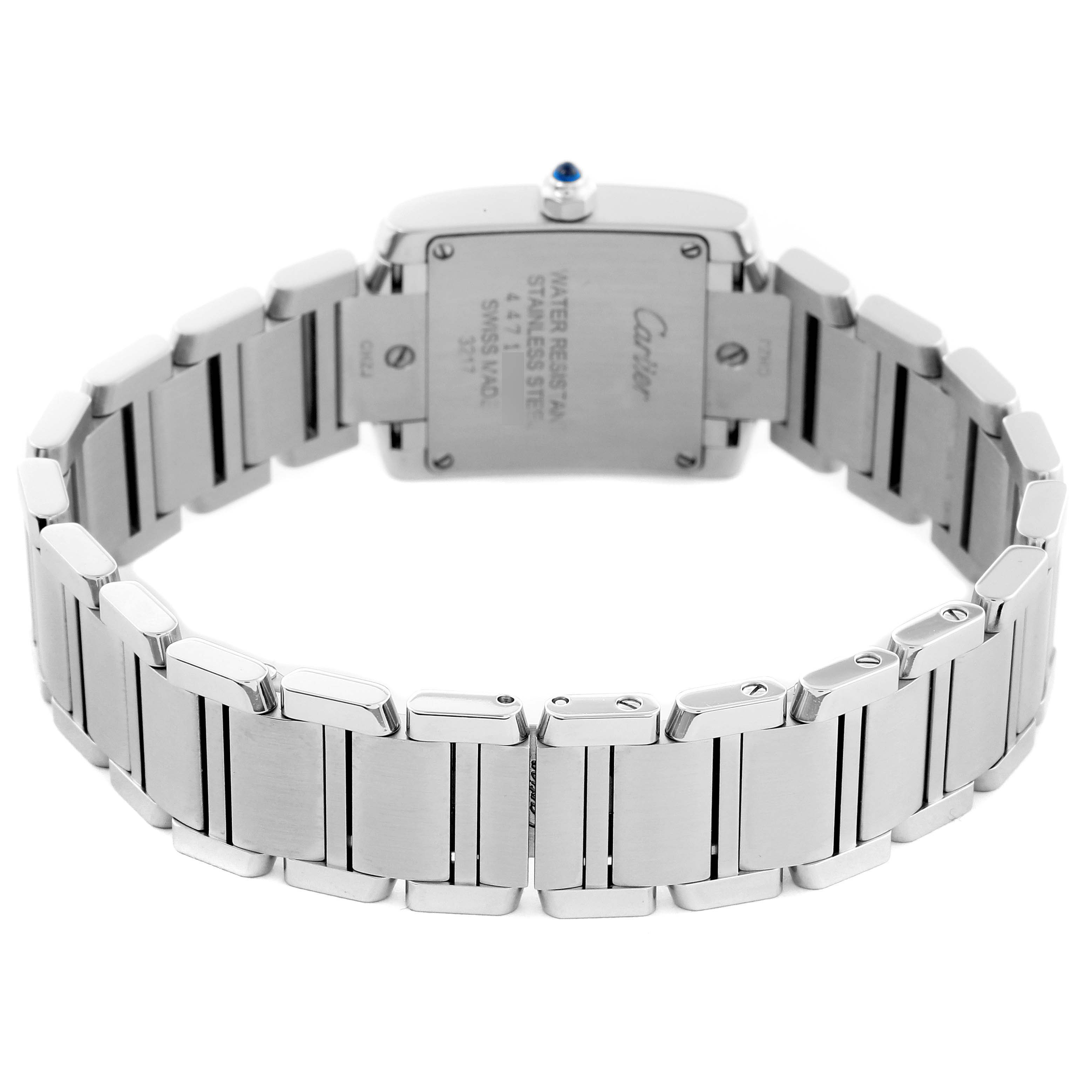 The image shows a Cartier Tank Francaise W4TA0008 Women's Stainless Steel Silver Dial W4TA0008 Women's Stainless Steel Silver Dial watch from the back, highlighting the metal bracelet and case back.