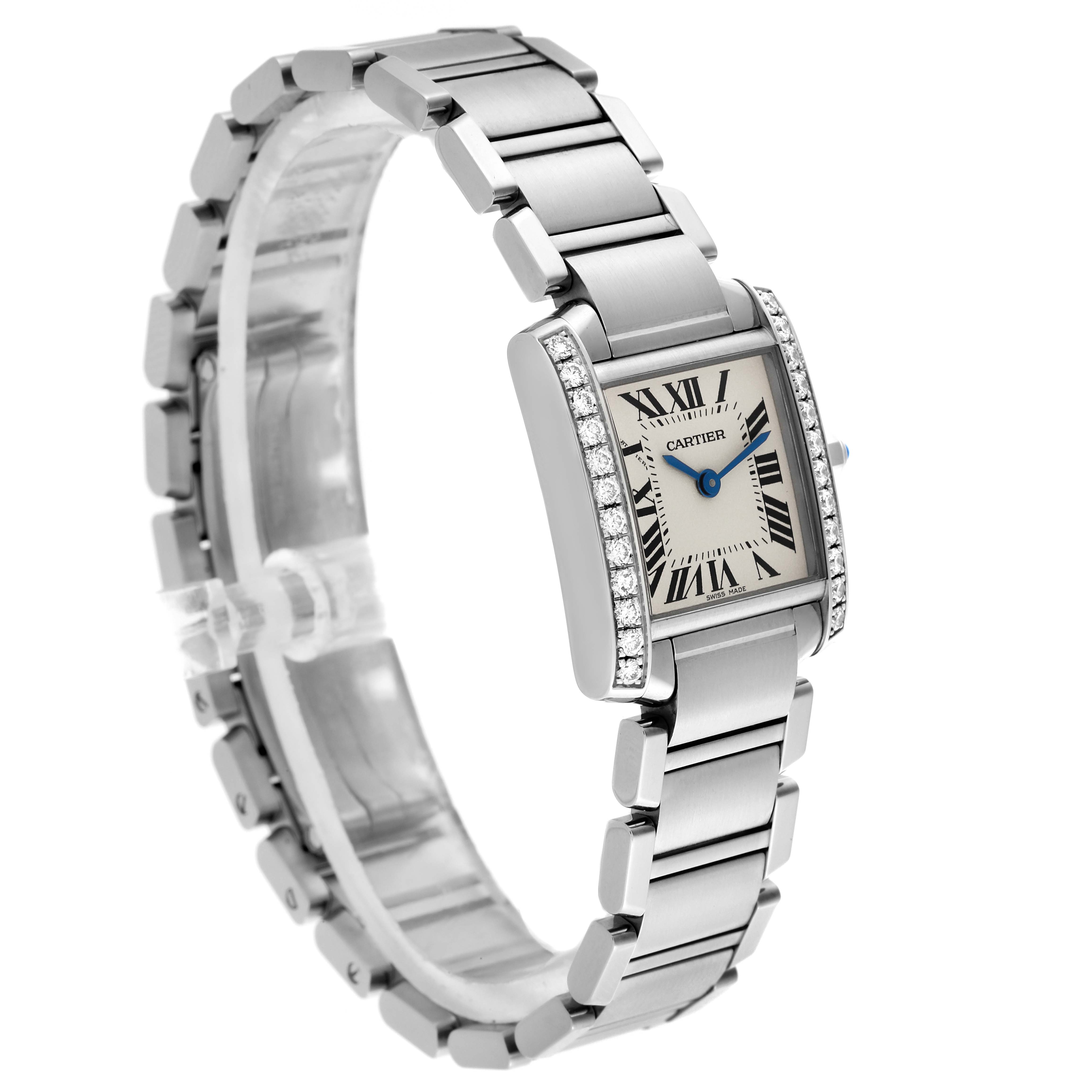 The Cartier Tank Française watch is shown at a three-quarter angle, highlighting its bracelet, case, and diamond-set bezel.