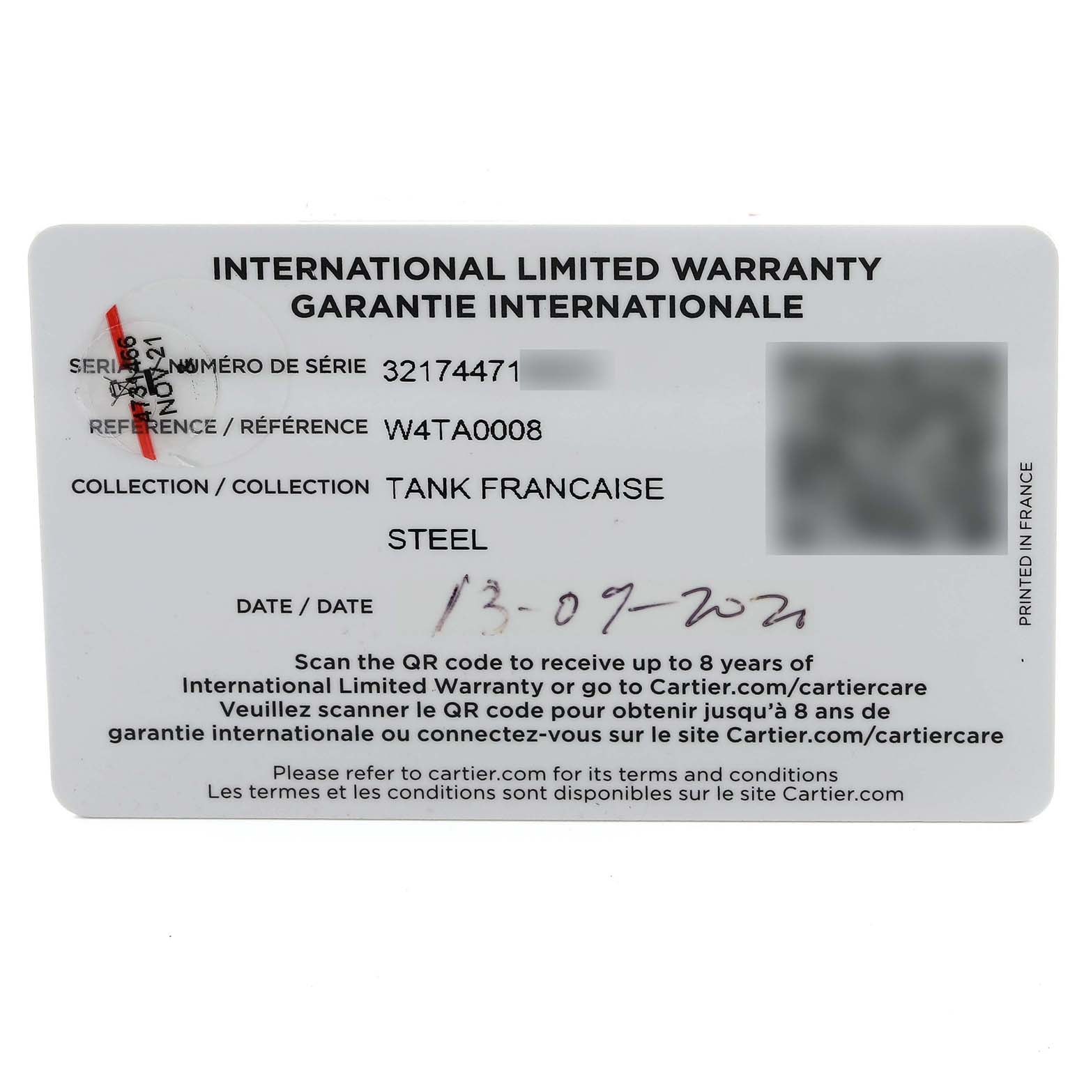 The image shows an International Limited Warranty card for the Cartier Tank Francaise W4TA0008 Women's Stainless Steel Silver Dial W4TA0008 Women's Stainless Steel Silver Dial model.